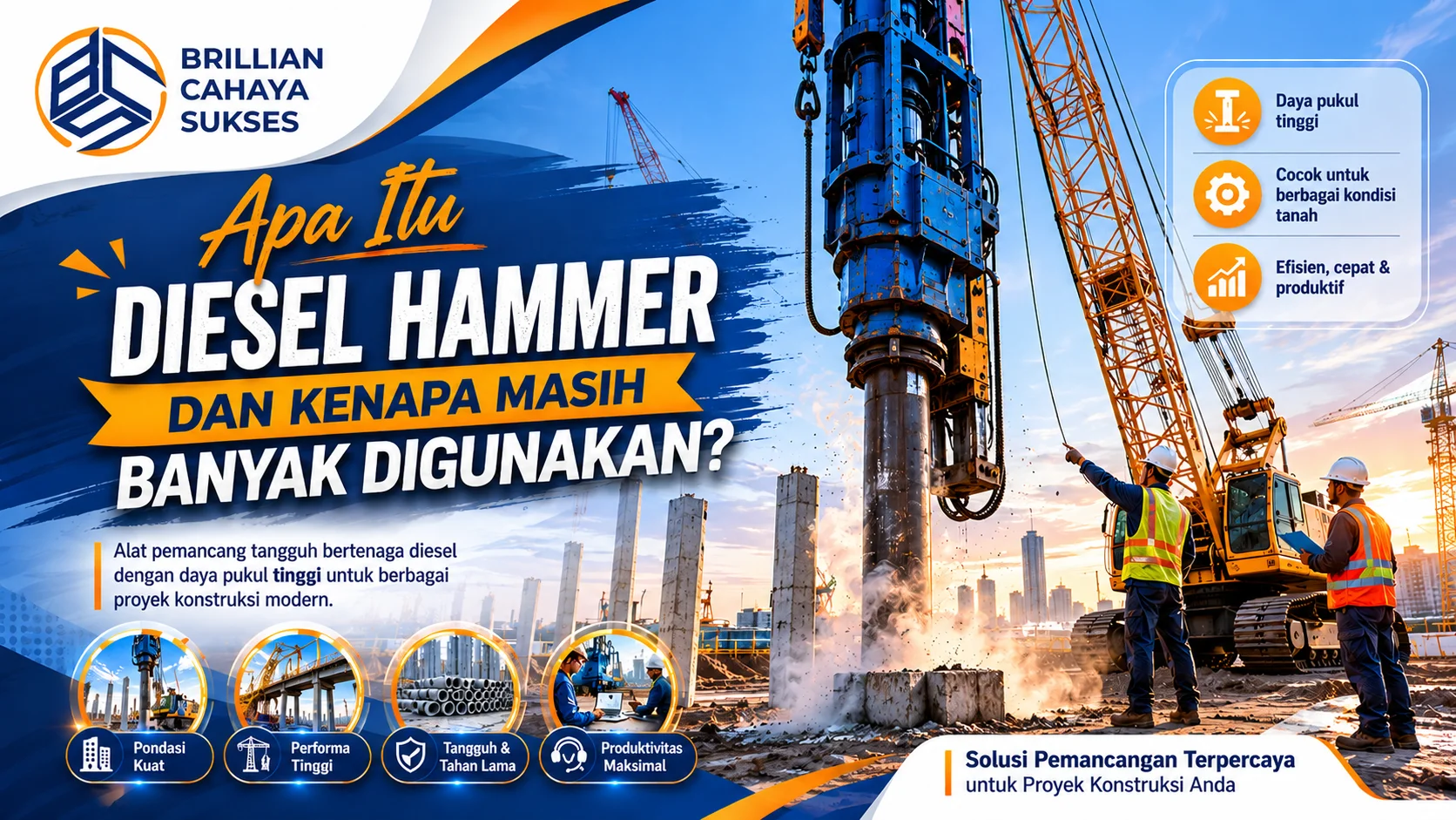 Banner ilustrasi diesel hammer yang sedang digunakan untuk pemancangan tiang pancang pada proyek konstruksi, menampilkan alat berat, pekerja lapangan.