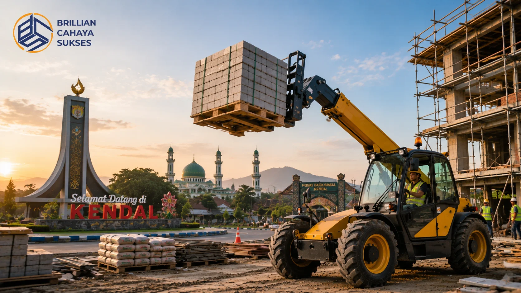 Telehandler mengangkat material di area konstruksi dengan latar ikon Kabupaten Kendal sebagai simbol pembangunan infrastruktur.