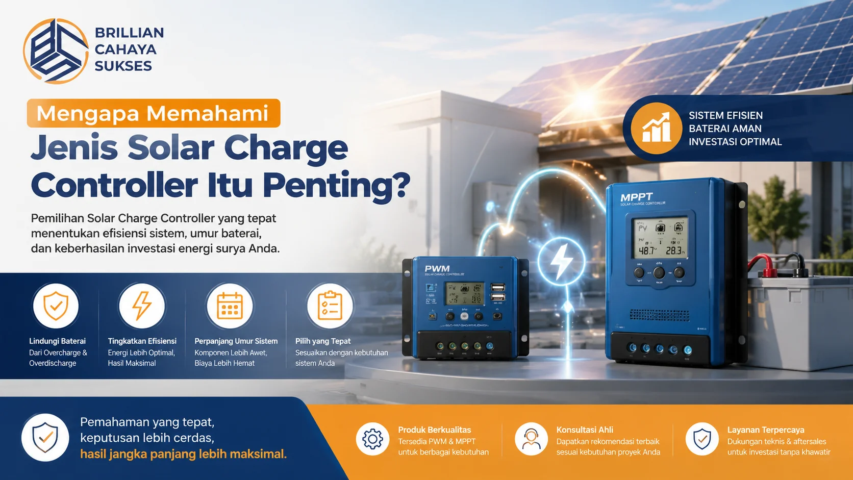Banner ilustrasi sistem tenaga surya dengan Solar Charge Controller PWM dan MPPT untuk menjelaskan pentingnya memilih jenis Solar Charge Controller yang tepat.