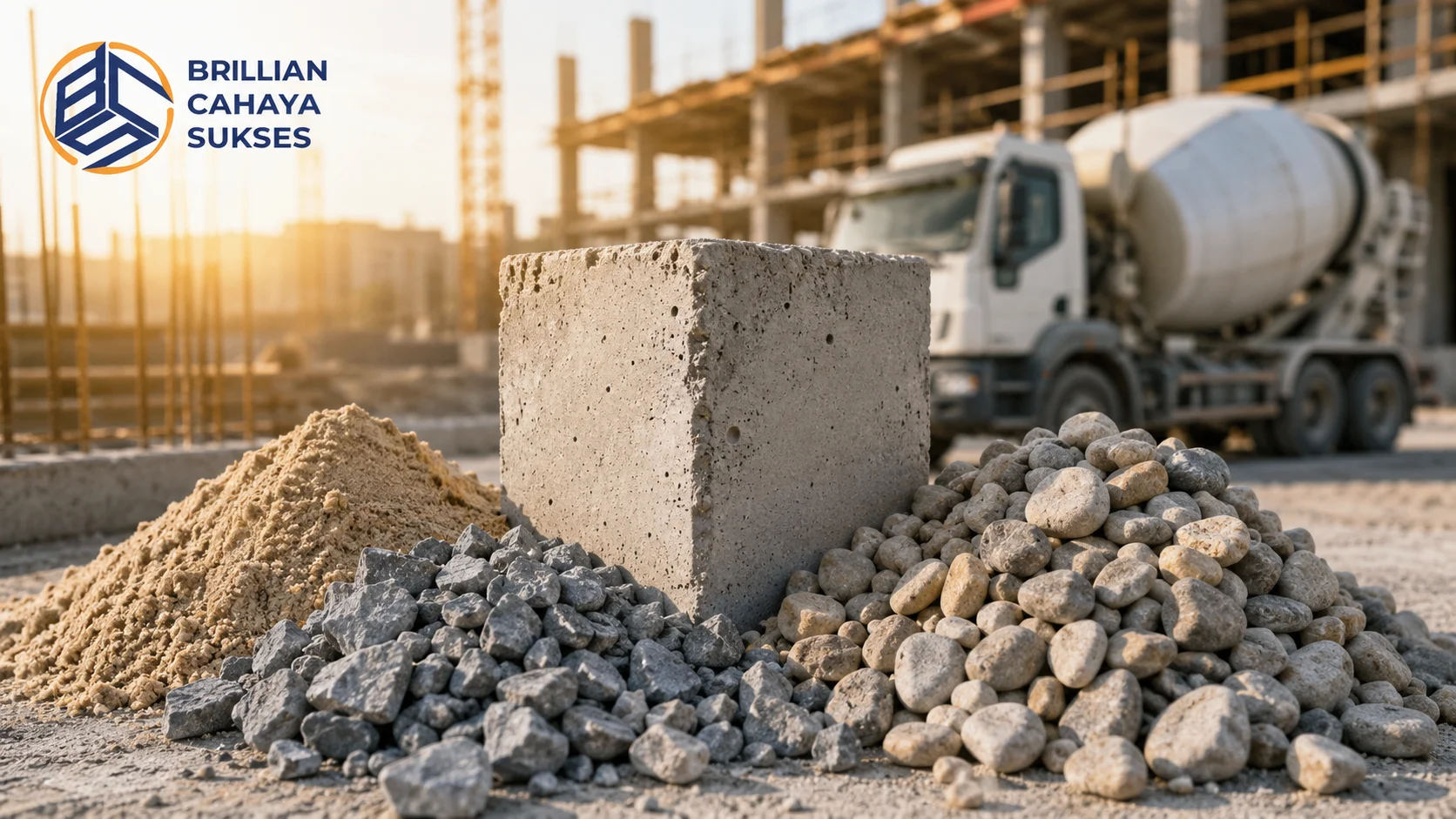 Tumpukan agregat beton berupa pasir, batu pecah, dan kerikil di area konstruksi dengan beton mixer di latar belakang, menggambarkan pentingnya pemilihan material agregat untuk menghasilkan beton berkualitas.
