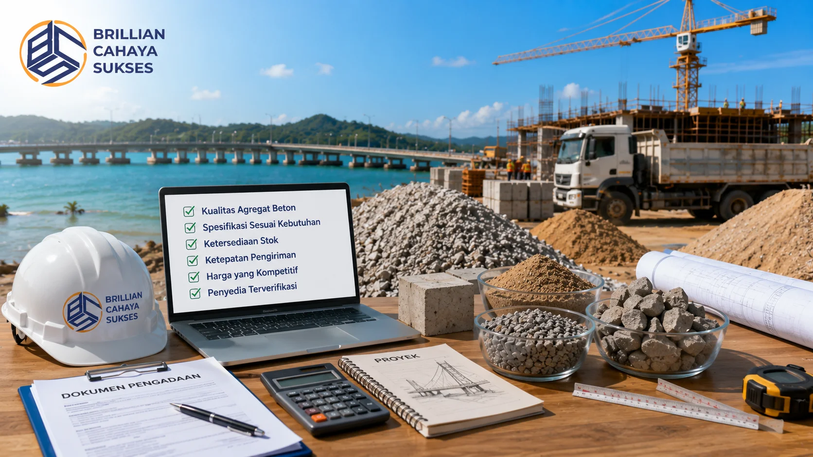 Proses evaluasi pengadaan agregat beton dengan dokumen perencanaan, material konstruksi, dan aktivitas proyek infrastruktur sebagai pertimbangan utama sebelum pembelian.