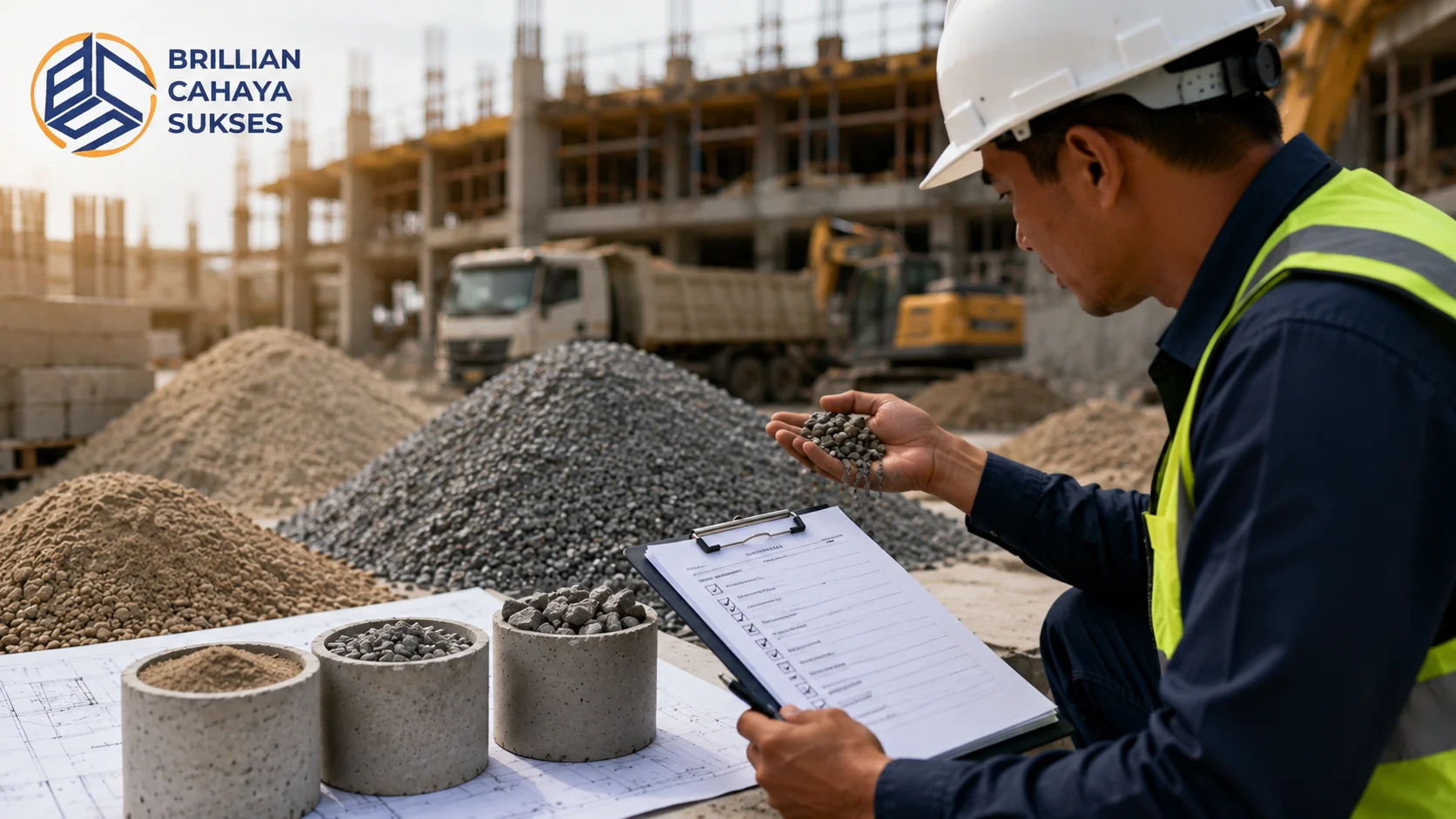 Petugas konstruksi memeriksa kualitas agregat beton di lokasi proyek dengan latar material bangunan dan aktivitas pembangunan, menggambarkan pentingnya evaluasi sebelum proses pengadaan.