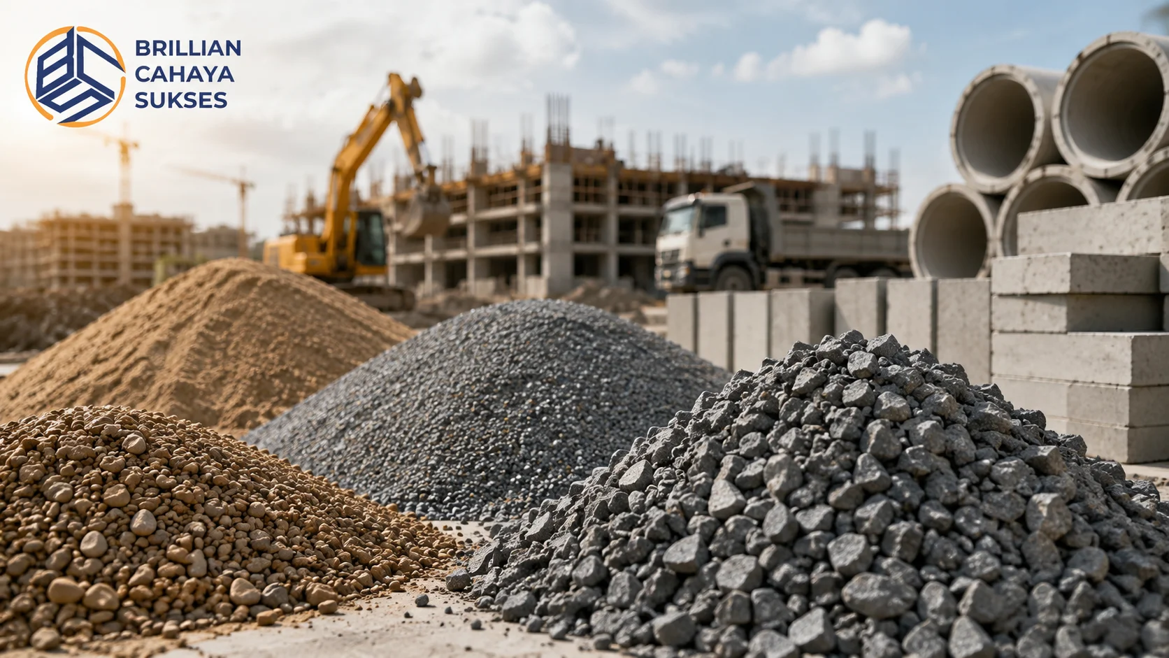 Tumpukan agregat beton berupa pasir, kerikil, dan batu pecah di area proyek konstruksi dengan alat berat dan struktur bangunan sebagai latar belakang, menggambarkan pentingnya material berkualitas untuk pembangunan infrastruktur.