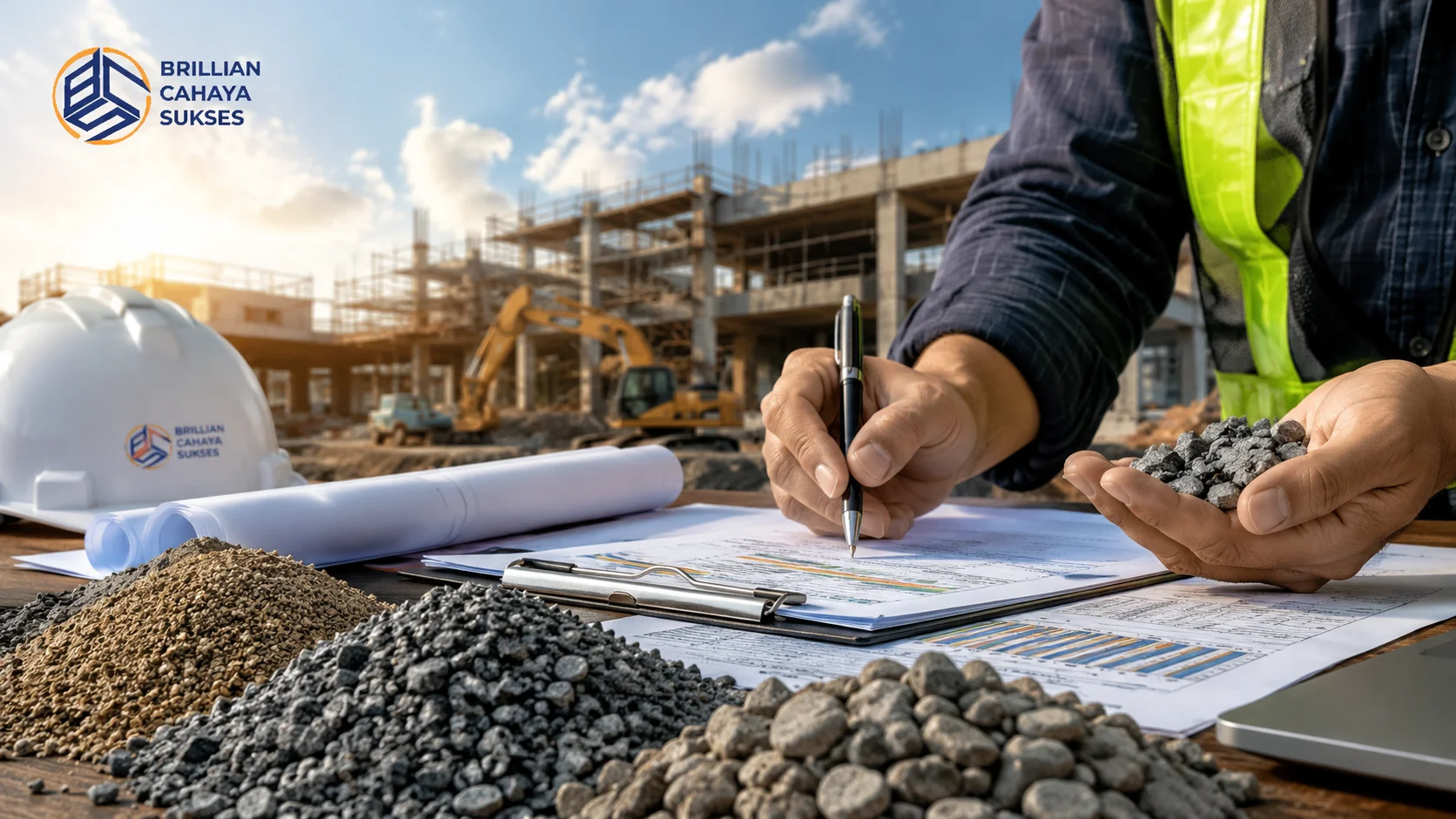 Perencanaan pengadaan agregat beton untuk proyek konstruksi pemerintah dengan pemeriksaan spesifikasi material, dokumen proyek, dan kesiapan distribusi di lokasi pembangunan.