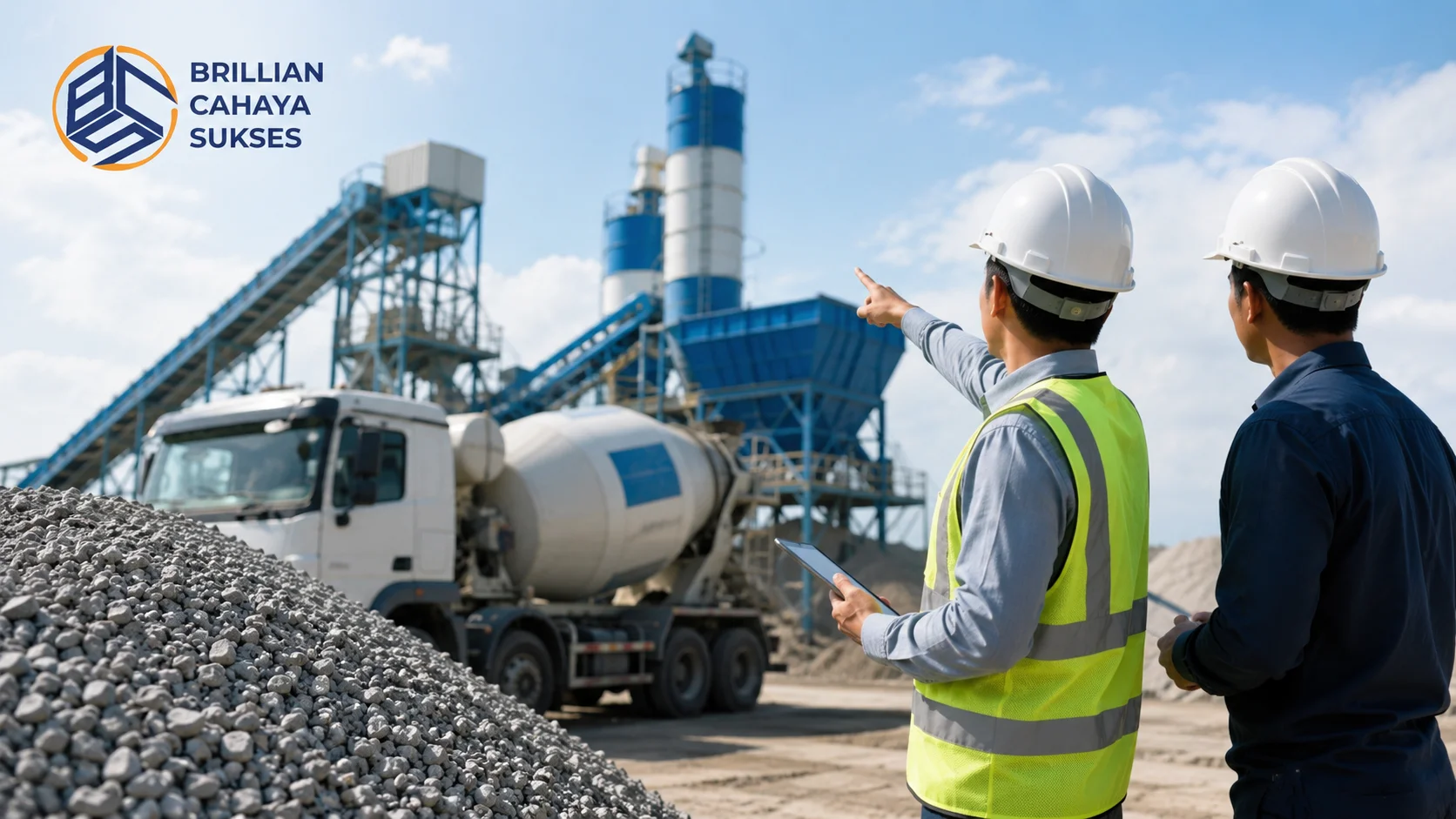 Petugas proyek konstruksi meninjau fasilitas produksi beton dan tumpukan agregat di area batching plant untuk mendukung pengadaan agregat beton melalui INAPROC.