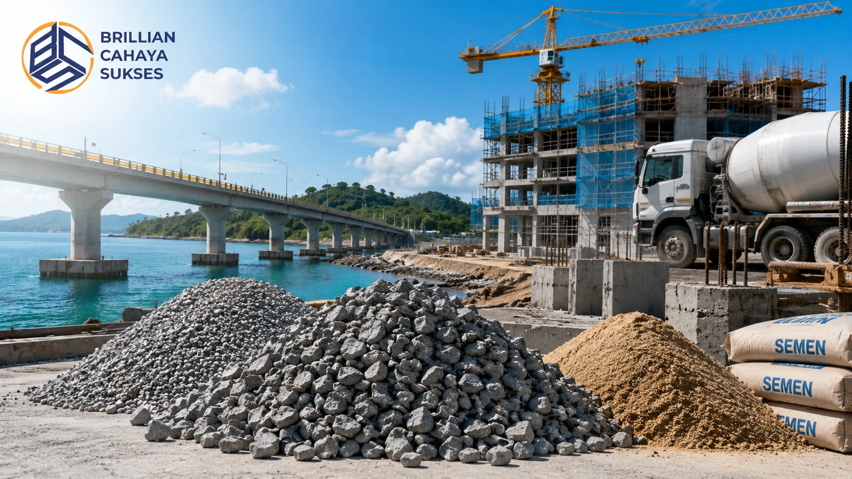 Tumpukan agregat beton dan material konstruksi di area proyek infrastruktur Kabupaten Lingga dengan jembatan, bangunan, serta truk mixer beton sebagai pendukung pembangunan.