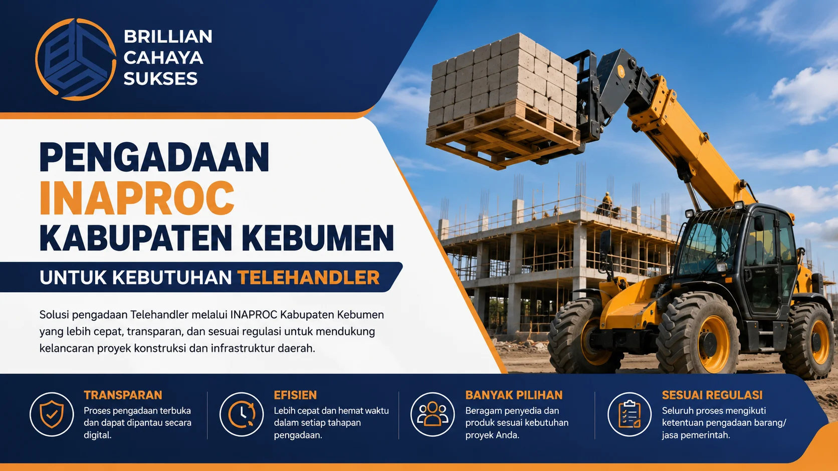 Ilustrasi Pengadaan Inaproc Kabupaten Kebumen dengan Telehandler untuk mendukung proyek konstruksi.