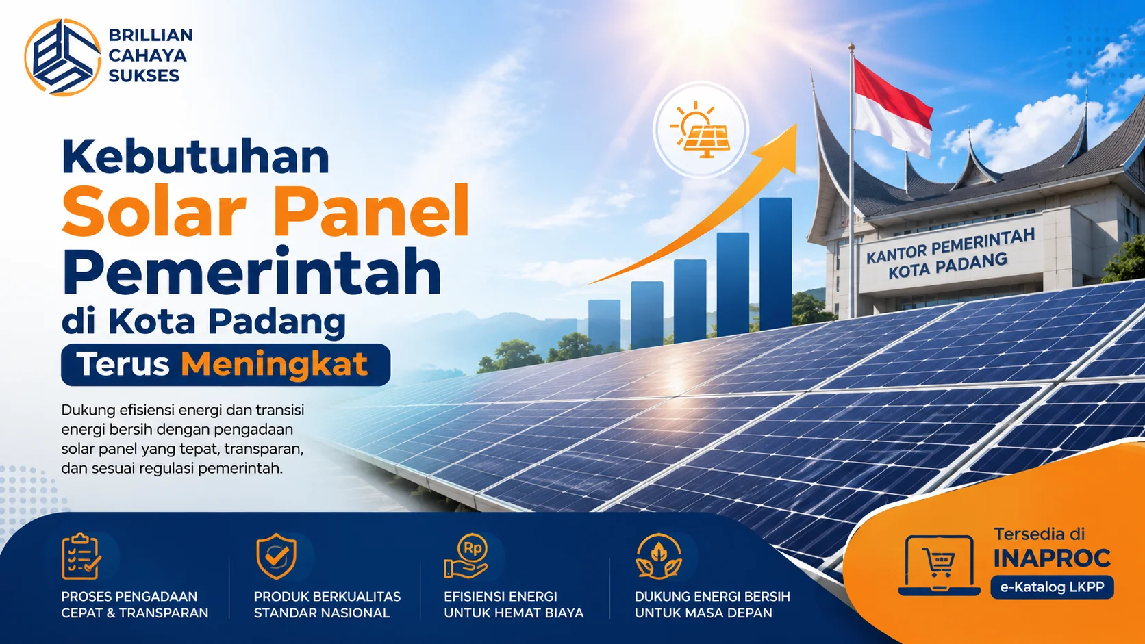 Banner ilustrasi pengadaan solar panel pemerintah di Kota Padang dengan deretan panel surya, gedung pemerintahan, grafik peningkatan kebutuhan energi terbarukan.