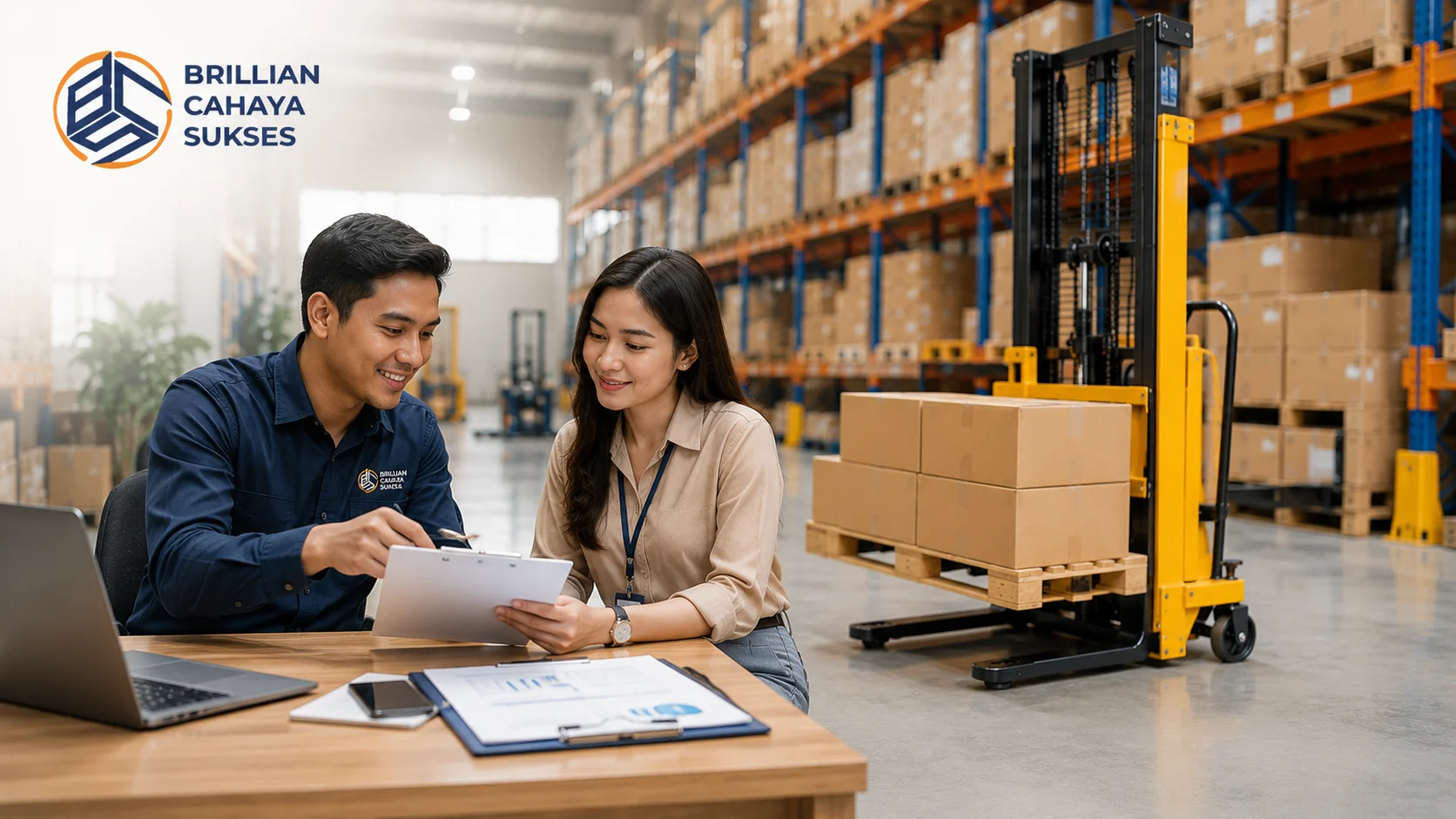 Ilustrasi proses pengadaan stacker manual di gudang modern dengan staf yang berdiskusi, mencerminkan kemudahan memilih penyedia resmi INAPROC untuk kebutuhan logistik.