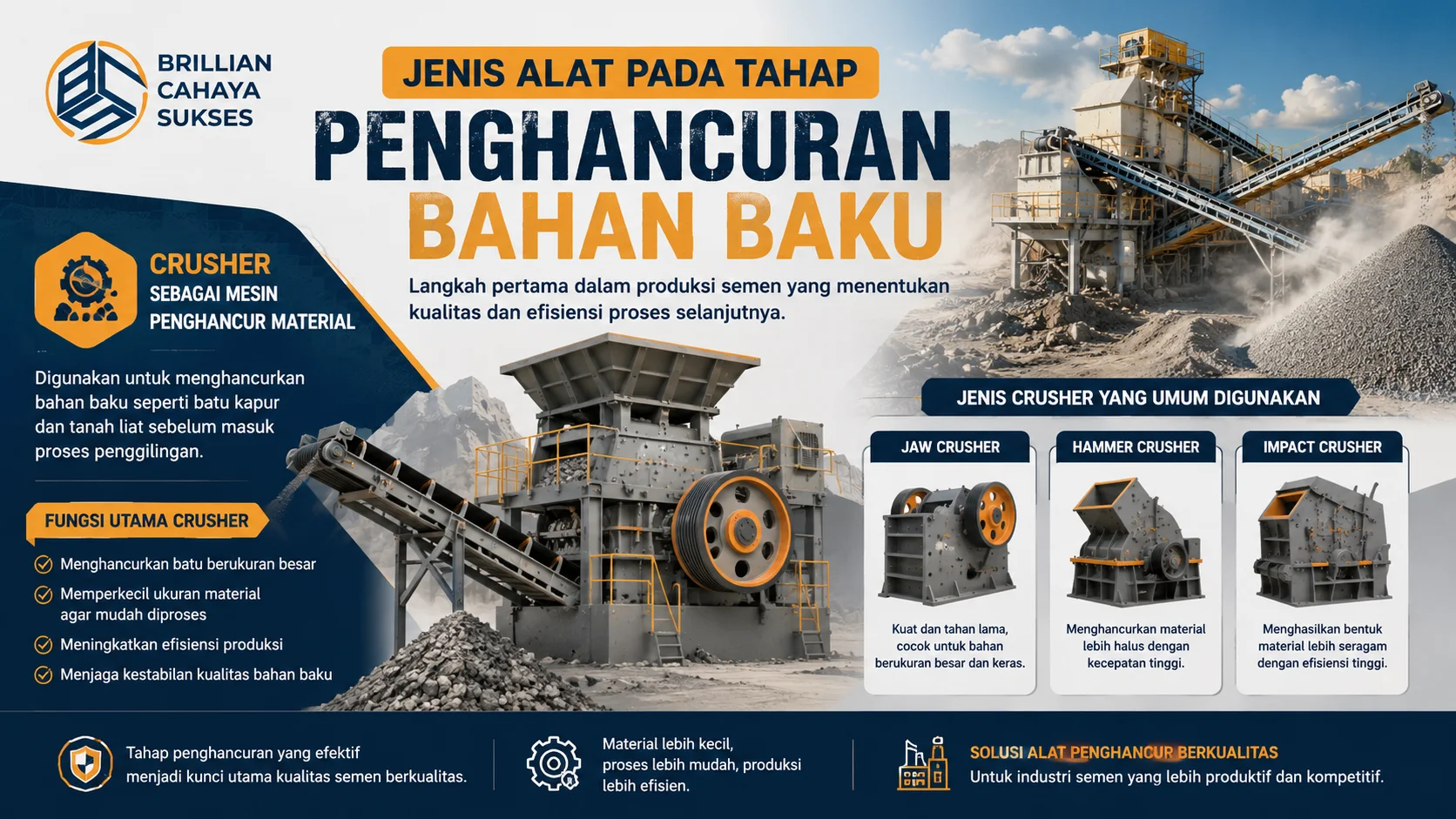Banner industri semen yang menampilkan mesin crusher sebagai alat penghancur bahan baku, lengkap dengan ilustrasi area tambang, conveyor, dan berbagai jenis crusher untuk mendukung proses produksi semen yang efisien.