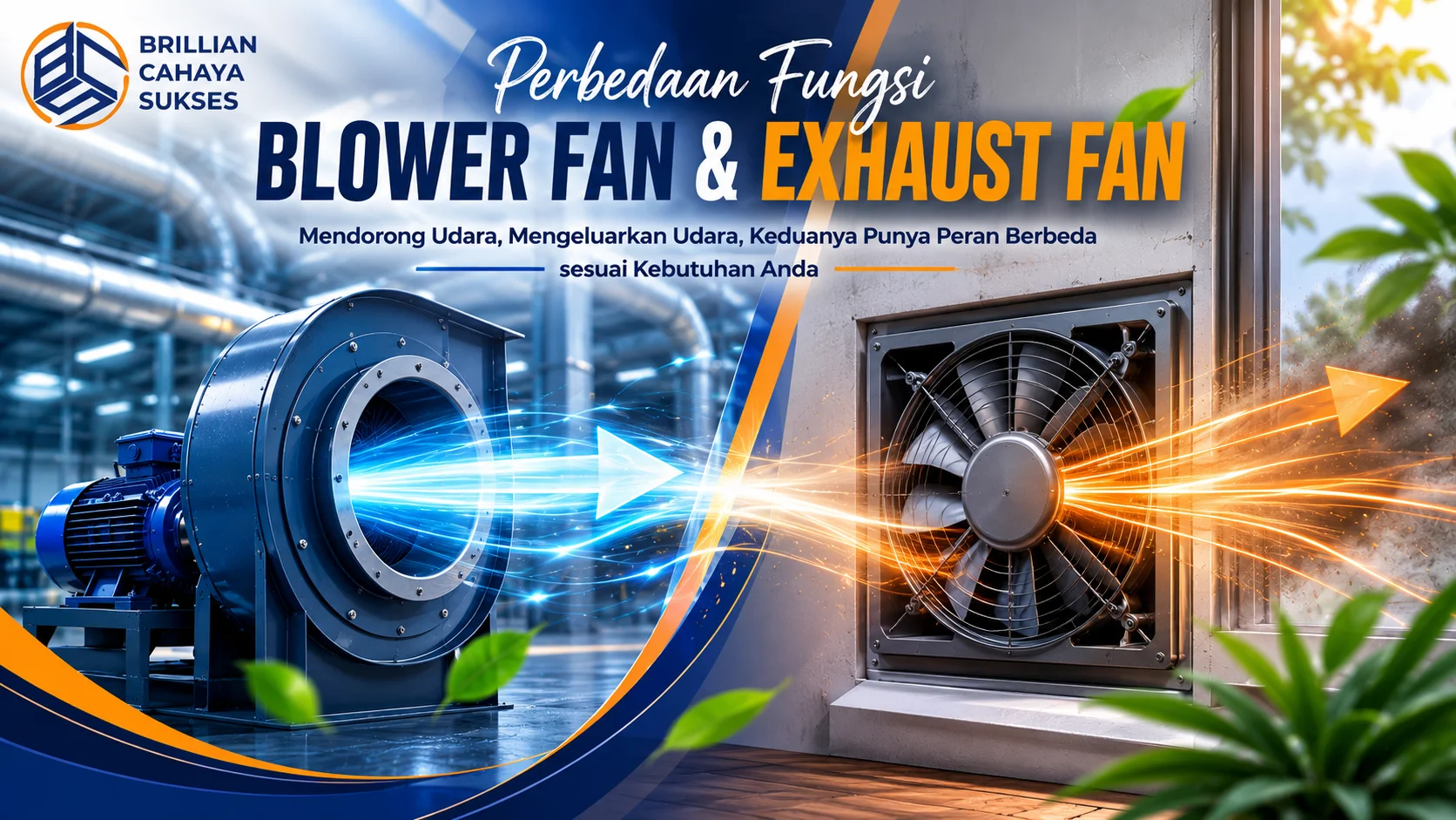 Banner perbandingan blower fan dan exhaust fan yang menampilkan perbedaan fungsi dalam mengatur aliran udara untuk kebutuhan ventilasi dan industri.