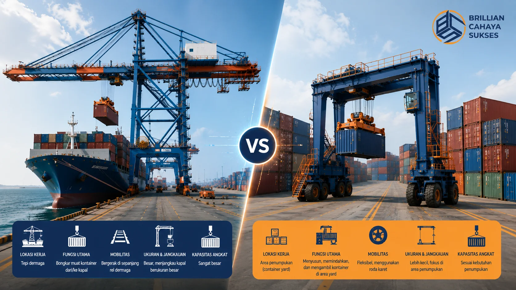 Ilustrasi perbandingan Container Crane dan RTG Crane di terminal peti kemas yang menunjukkan perbedaan area kerja dan fungsi dalam mendukung operasional logistik pelabuhan.