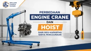Ilustrasi Gambar Perbedaan engine crane dan hoist dari segi kapasitas serta penggunaan untuk kebutuhan pengangkatan industri.