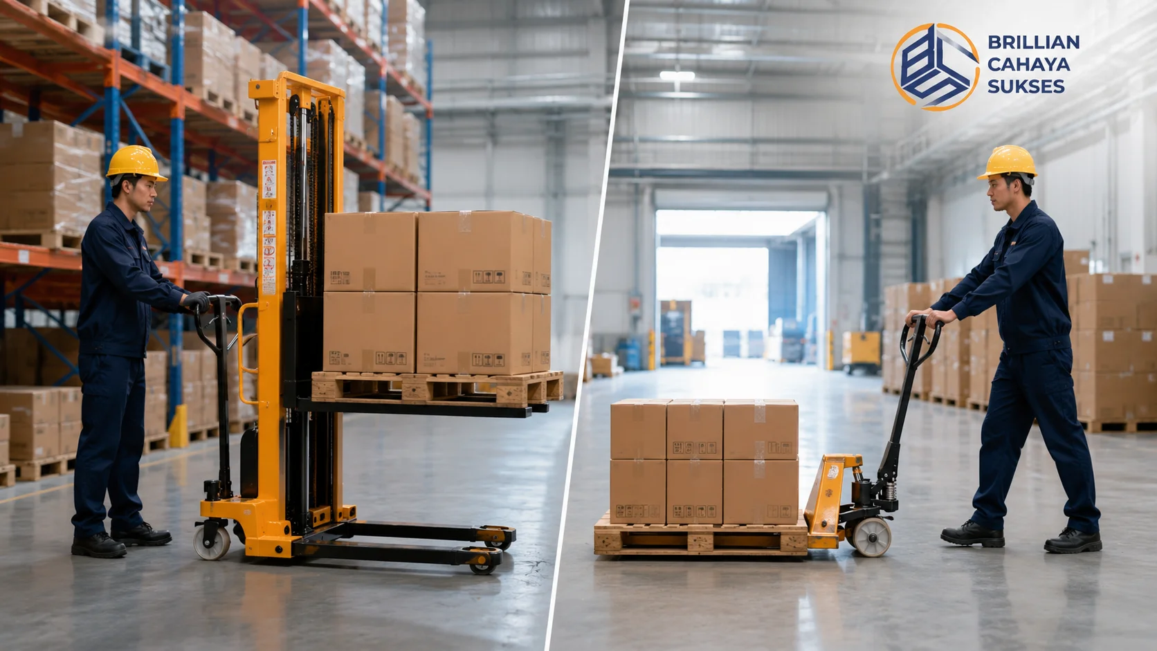 Perbandingan penggunaan stacker manual dan hand pallet untuk mendukung aktivitas material handling di gudang.
