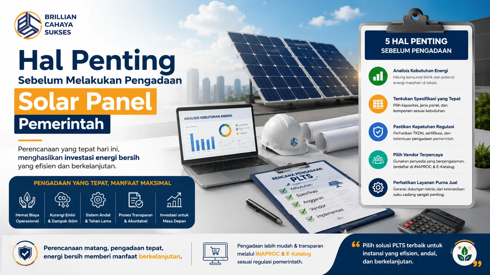 Banner pengadaan solar panel pemerintah menampilkan proses perencanaan PLTS, analisis kebutuhan energi, dokumen pengadaan, dan panel surya sebagai langkah penting sebelum melakukan pengadaan melalui E-Katalog.