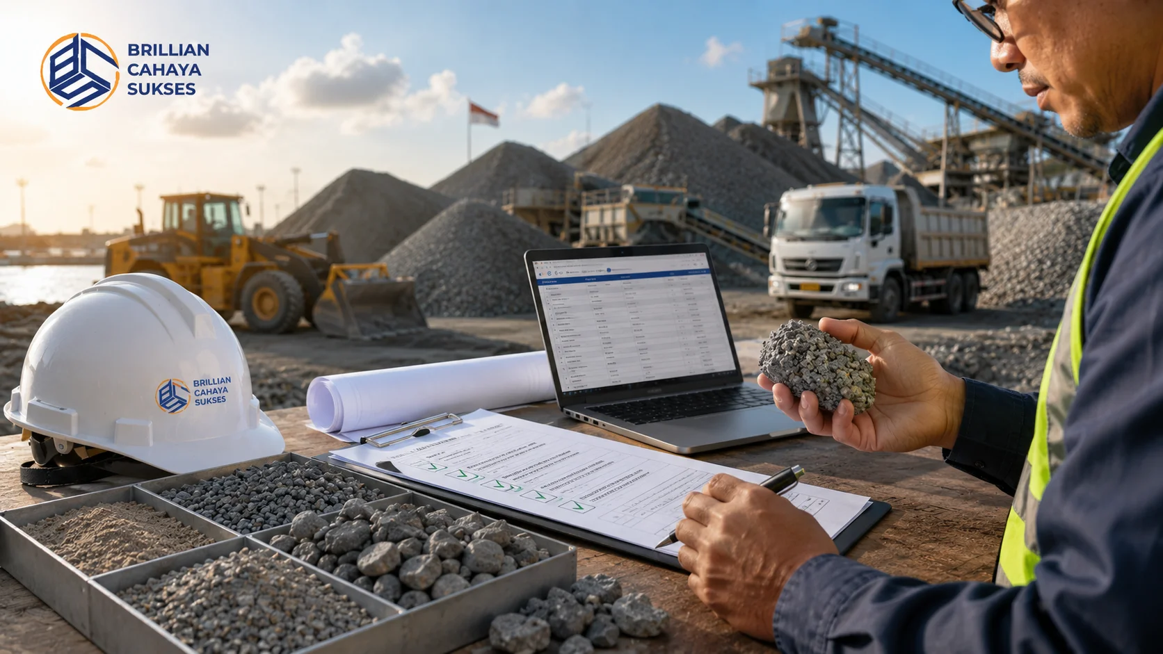 Pemeriksaan kualitas agregat beton dan evaluasi dokumen pengadaan di area konstruksi sebagai bagian dari proses pemilihan material untuk proyek infrastruktur.