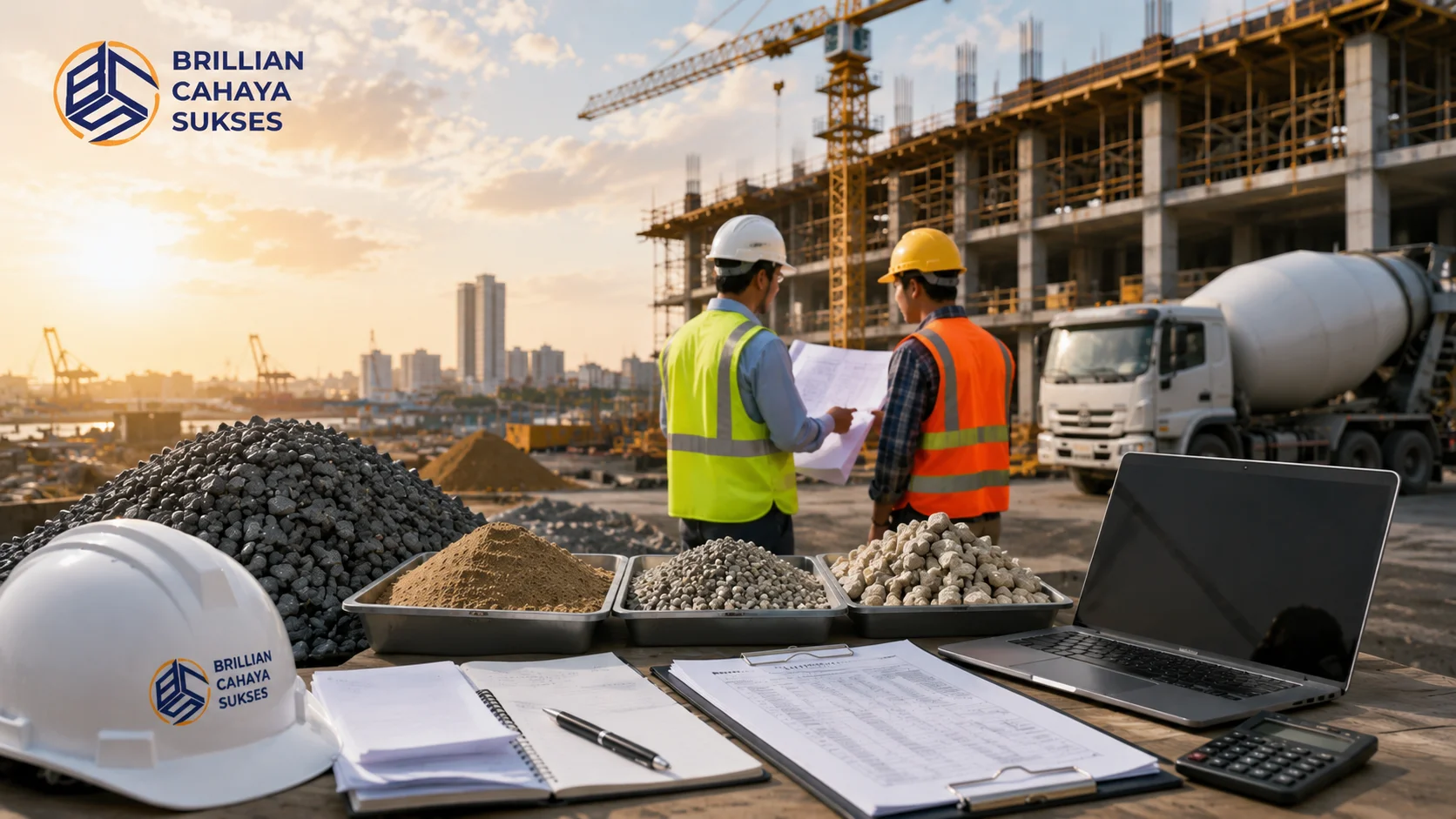 Tim proyek meninjau dokumen pengadaan agregat beton di area konstruksi dengan sampel material dan peralatan kerja sebagai bagian dari proses evaluasi kebutuhan proyek.