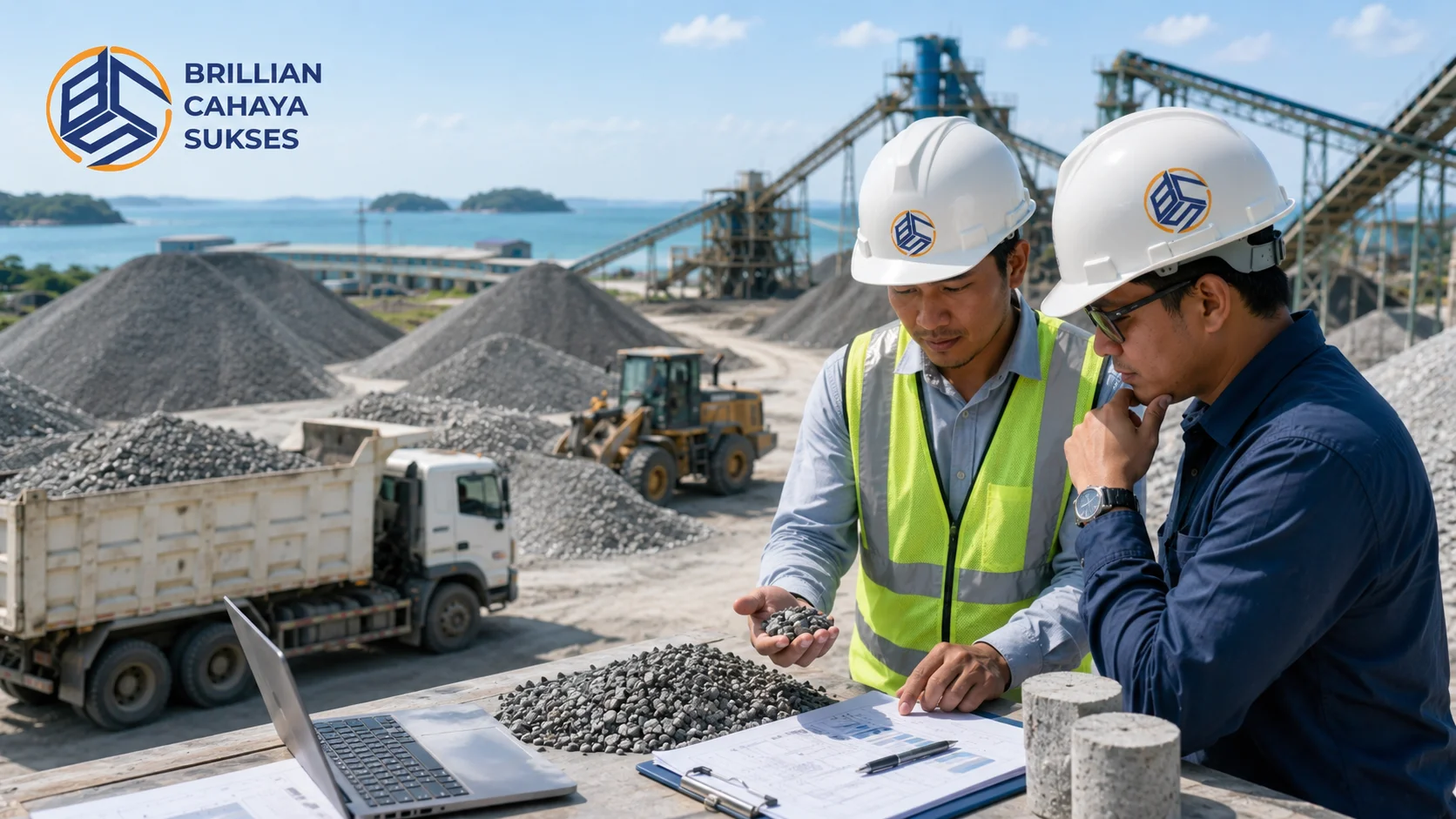 Tim proyek memeriksa kualitas agregat beton dan dokumen pengadaan di area stockpile untuk memastikan material sesuai kebutuhan konstruksi dan standar proyek.