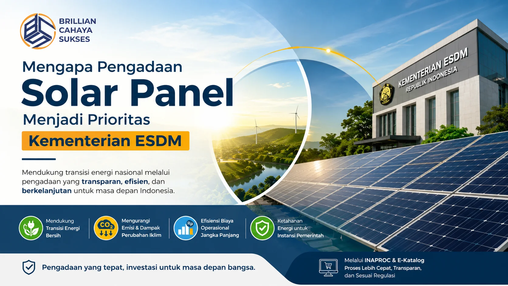 Banner pengadaan solar panel Kementerian ESDM menampilkan panel surya modern di area gedung pemerintah dengan visual energi terbarukan.