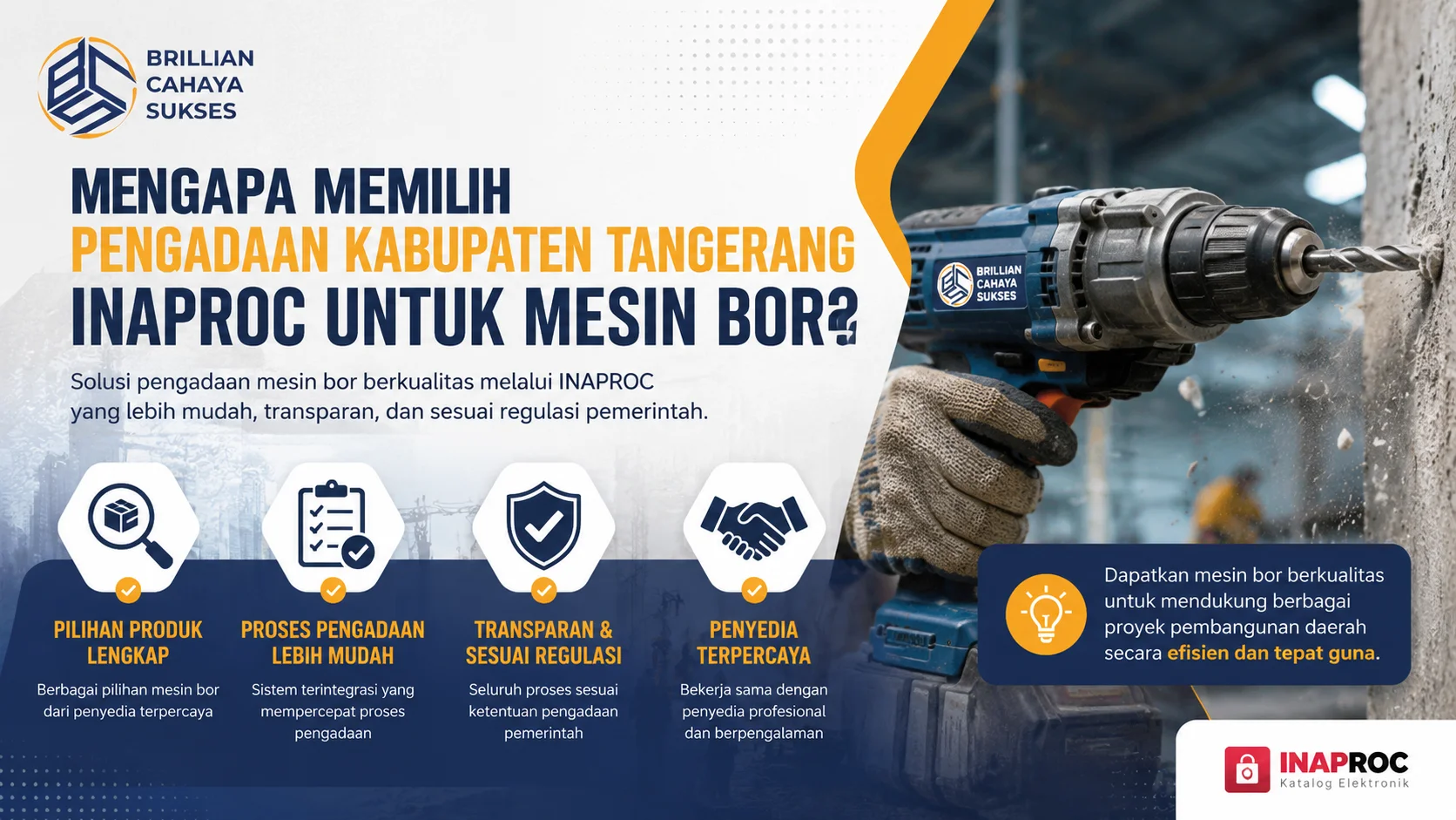 Banner Pengadaan Kabupaten Tangerang Inaproc untuk mesin bor berkualitas dengan ilustrasi alat bor profesional.