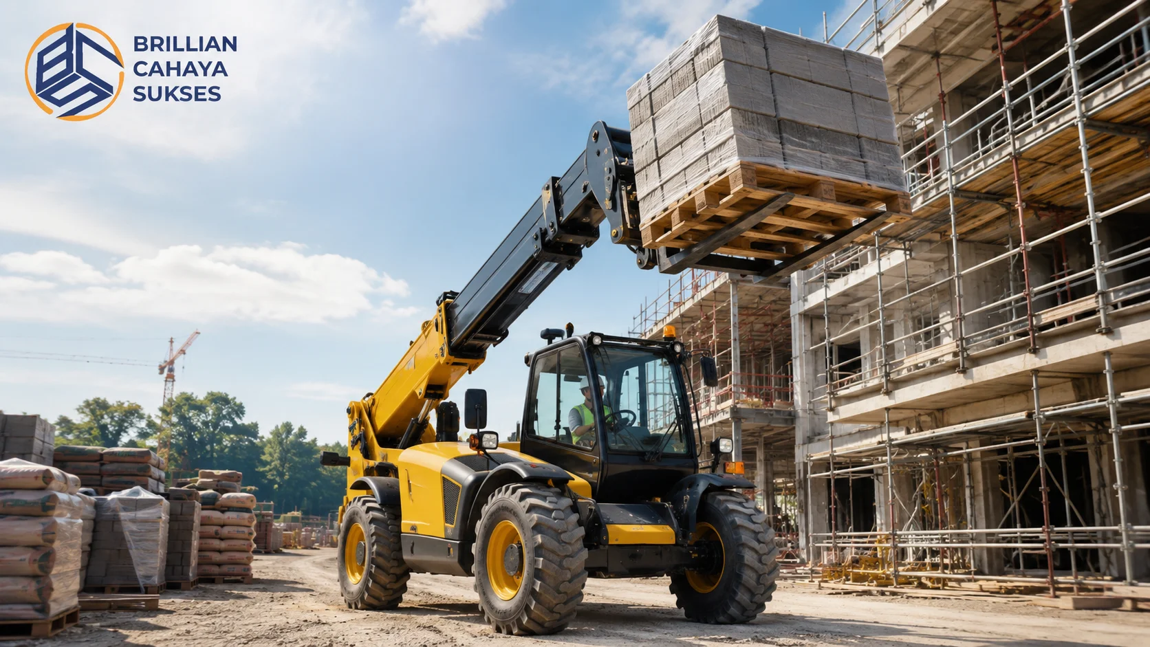 Telehandler mengangkat material konstruksi di area proyek pembangunan untuk mendukung efisiensi dan produktivitas pekerjaan infrastruktur melalui pengadaan pemerintah.