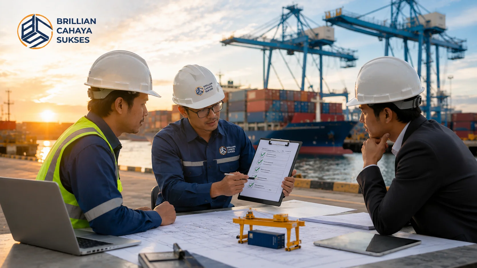 Tim profesional berdiskusi mengenai evaluasi penyedia container crane di area pelabuhan sebelum proses pengadaan dilakukan.