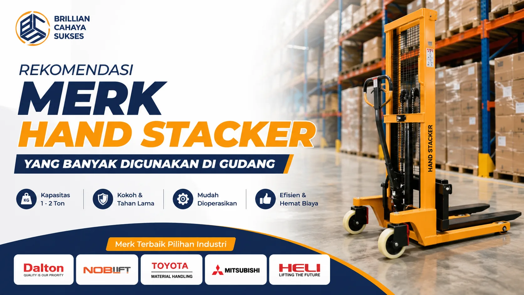 Ilustrasi gambar rekomendasi merk hand stacker yang banyak digunakan di gudang untuk kebutuhan pergudangan dan industri