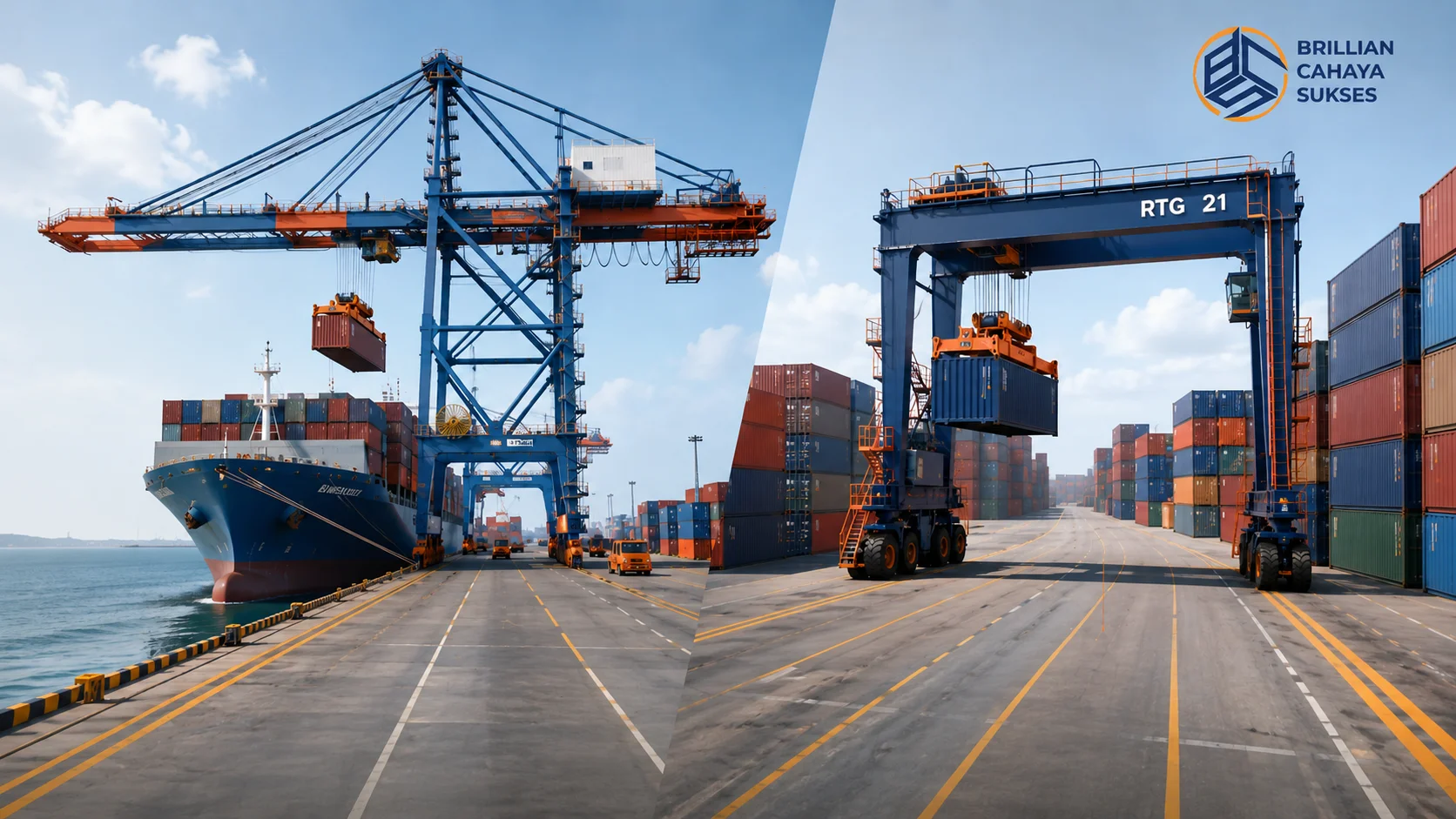 Ilustrasi Container Crane dan RTG Crane yang beroperasi di terminal peti kemas modern untuk mendukung proses bongkar muat kapal dan pengelolaan kontainer secara efisien.