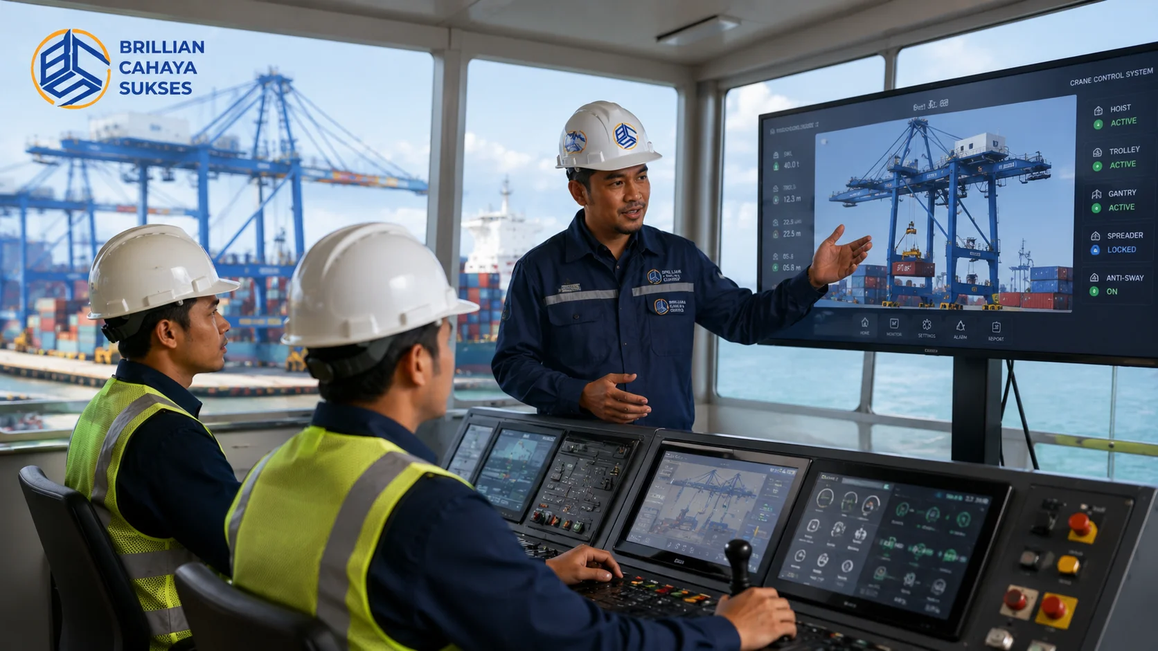 Pelatihan operator container crane menggunakan sistem kontrol modern untuk meningkatkan produktivitas dan keselamatan operasional pelabuhan.
