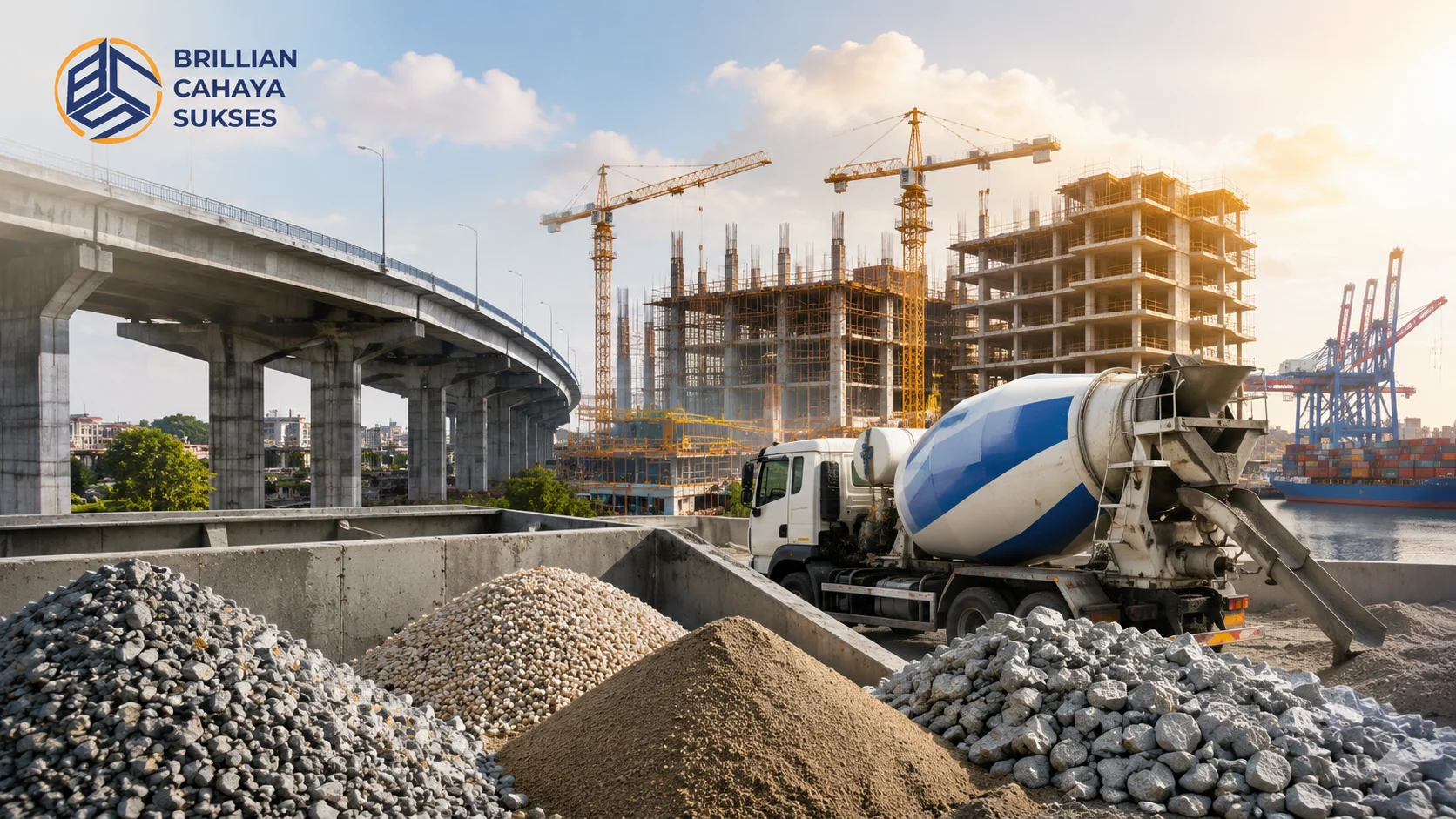 Tumpukan agregat beton dan truk mixer di area proyek konstruksi modern yang mendukung pembangunan infrastruktur, gedung, dan kawasan industri di Kota Batam.