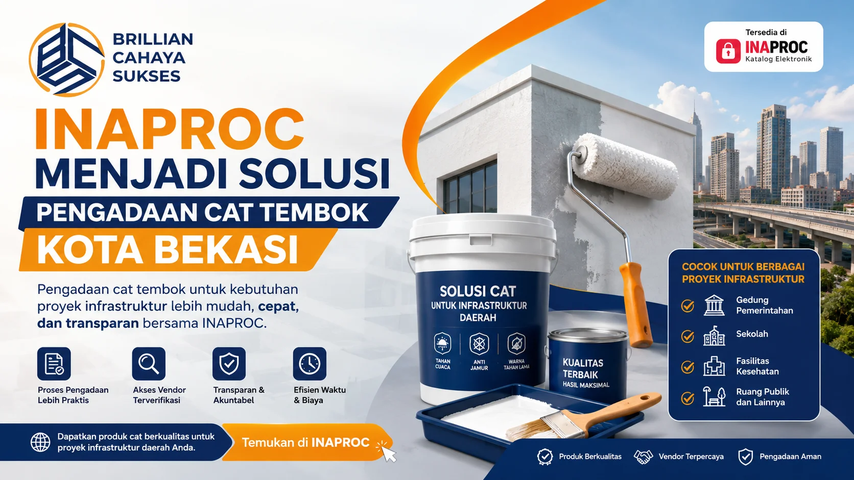 Banner pengadaan cat tembok Kota Bekasi melalui INAPROC dengan ilustrasi pengecatan gedung, produk cat infrastruktur.