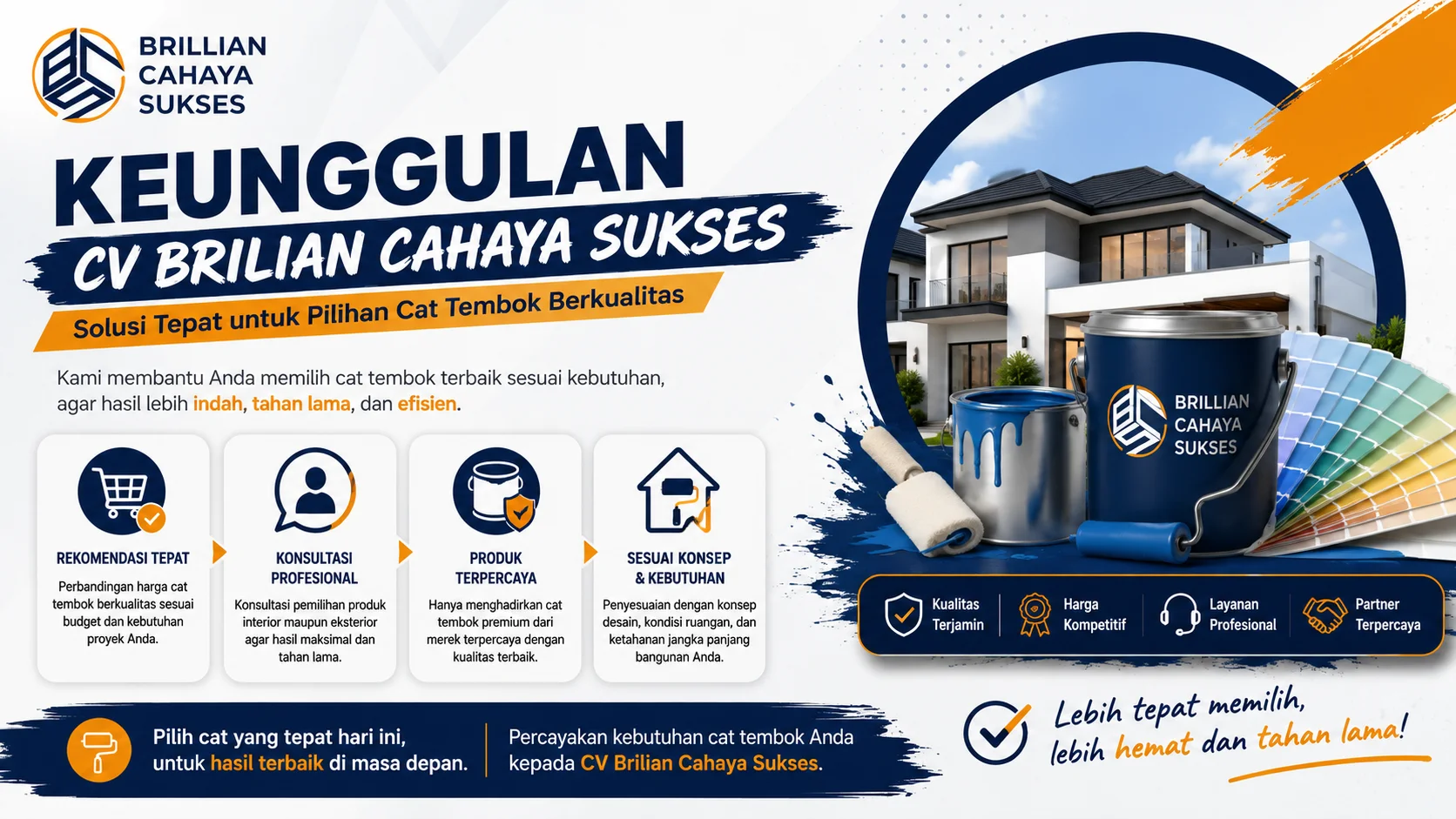 Banner keunggulan CV Brilian Cahaya Sukses yang menampilkan layanan konsultasi profesional, rekomendasi cat tembok berkualitas, serta solusi pemilihan produk sesuai kebutuhan proyek interior dan eksterior.