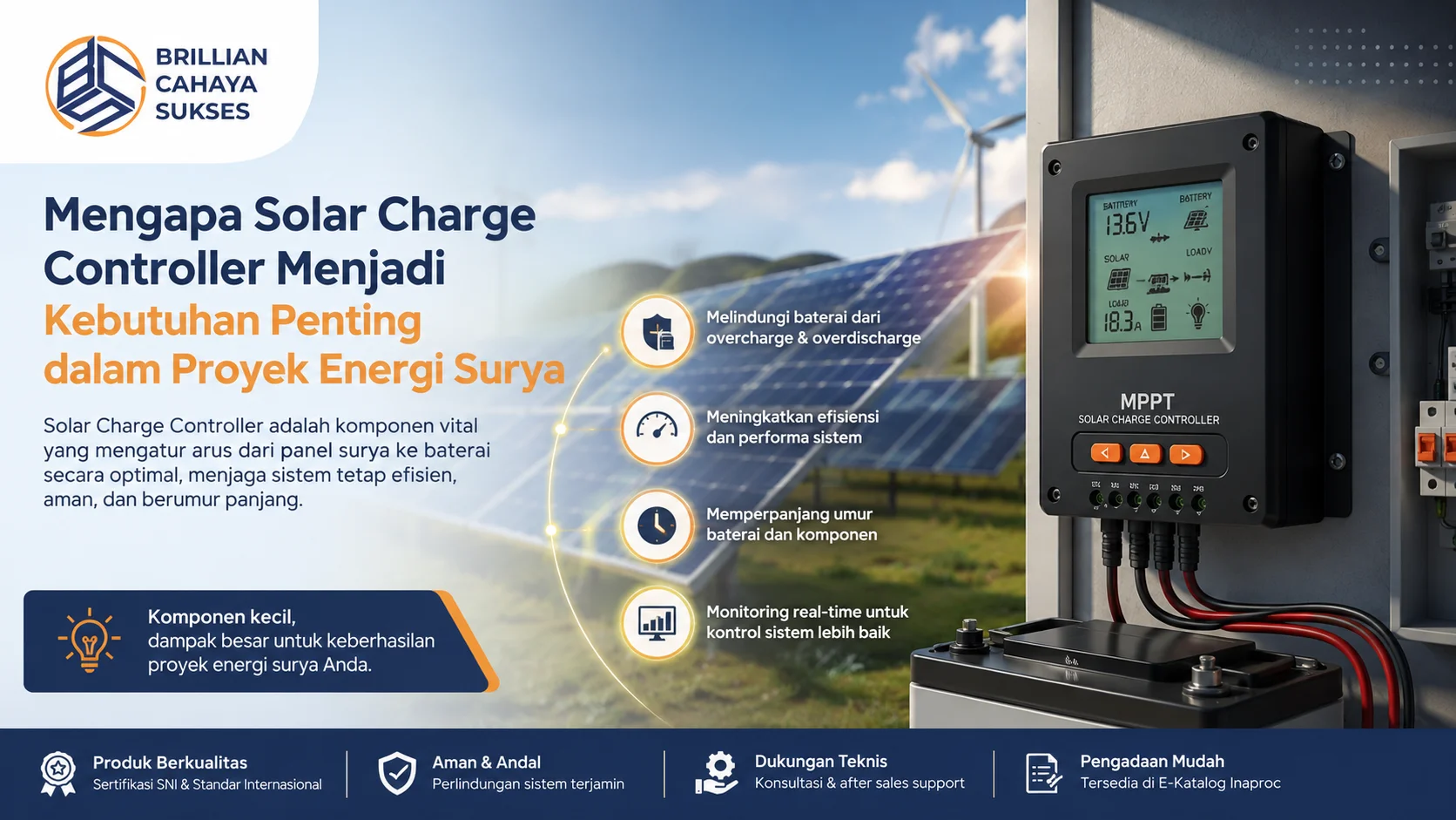 Ilustrasi solar charge controller untuk meningkatkan efisiensi dan keamanan sistem energi surya pada proyek PLTS.
