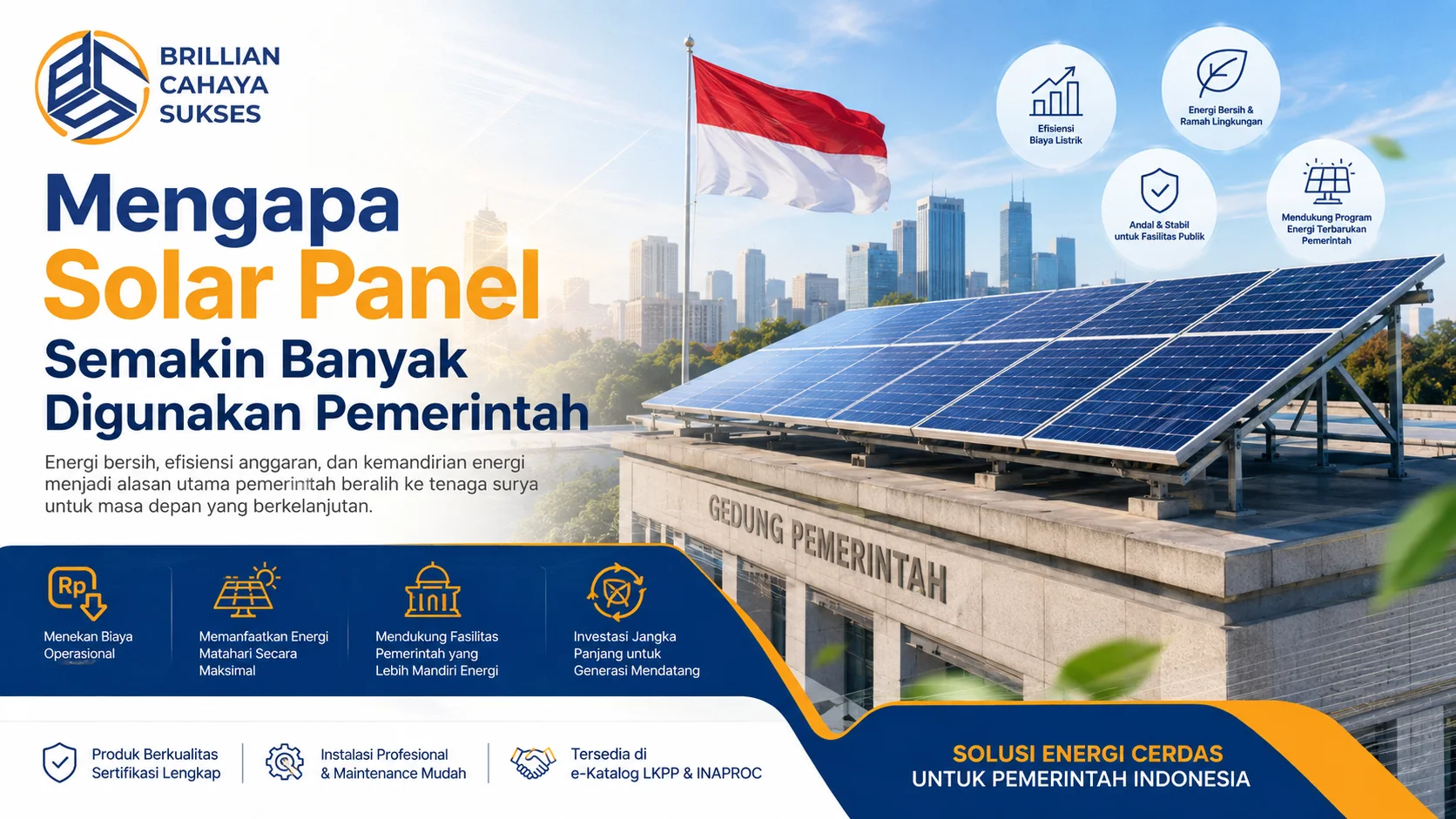 Banner ilustrasi gedung pemerintah Indonesia dengan instalasi solar panel di atap, menampilkan manfaat energi surya untuk efisiensi energi, penghematan biaya listrik, dan dukungan program energi terbarukan pemerintah.