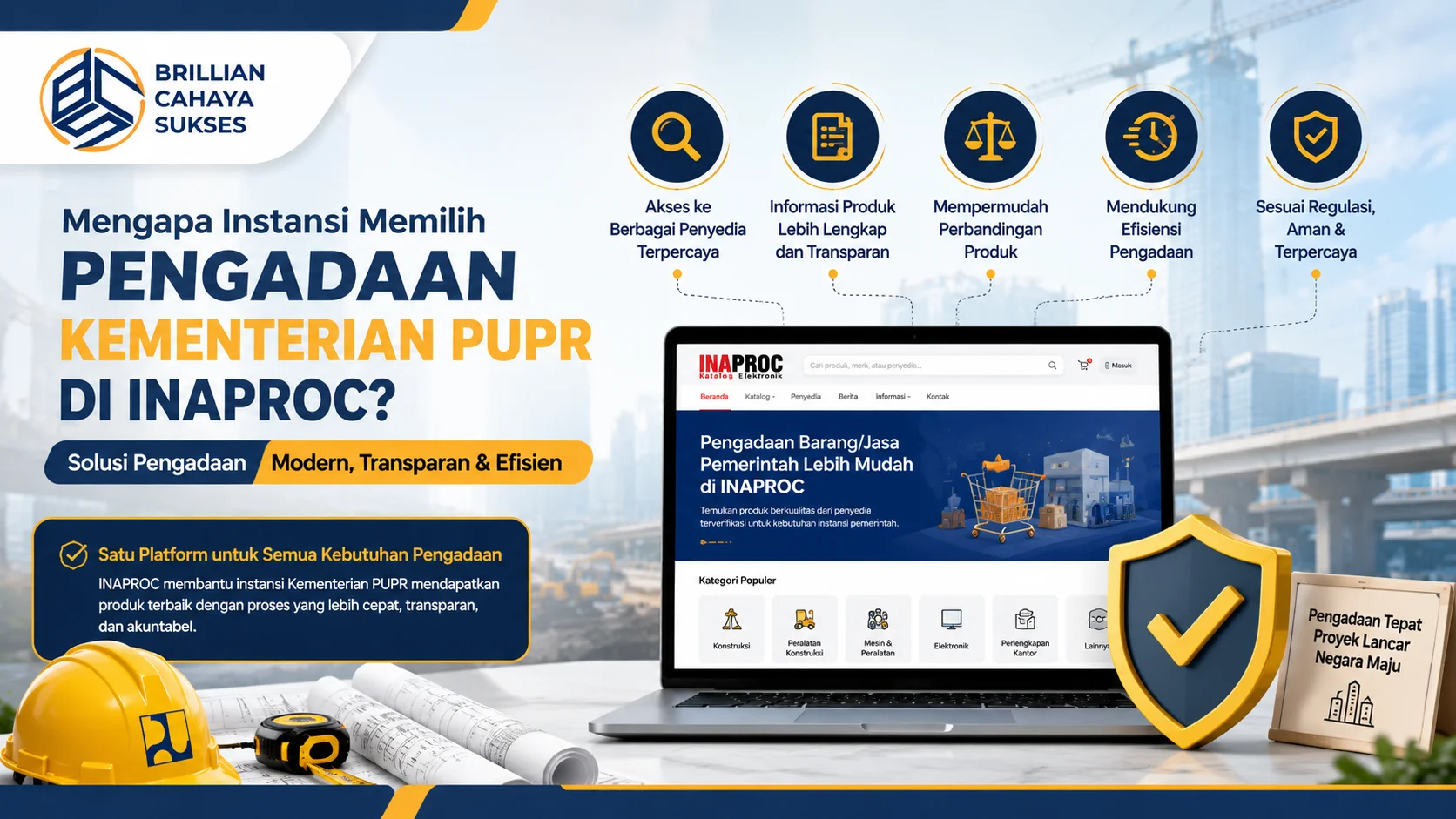 Banner ilustrasi pengadaan Kementerian PUPR di Inaproc dengan tampilan platform digital, ikon transparansi, efisiensi, penyedia terpercaya.