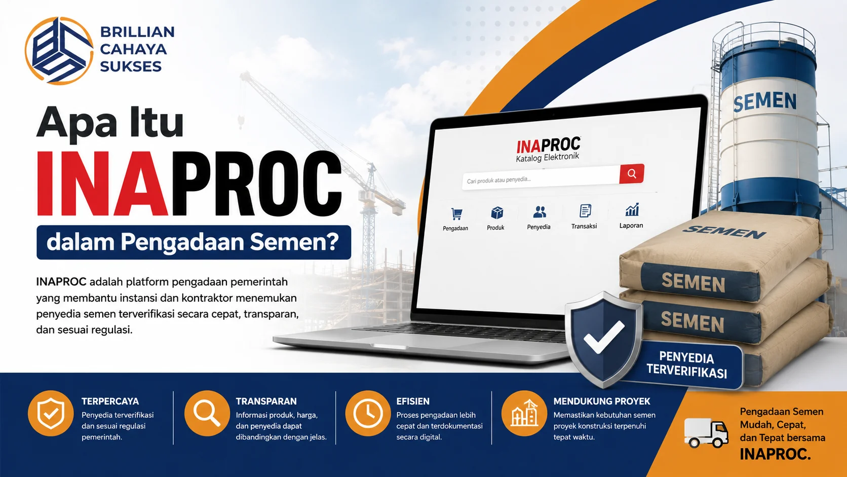 Ilustrasi platform INAPROC untuk pengadaan semen dengan tampilan katalog digital, vendor terverifikasi, tumpukan semen konstruksi.