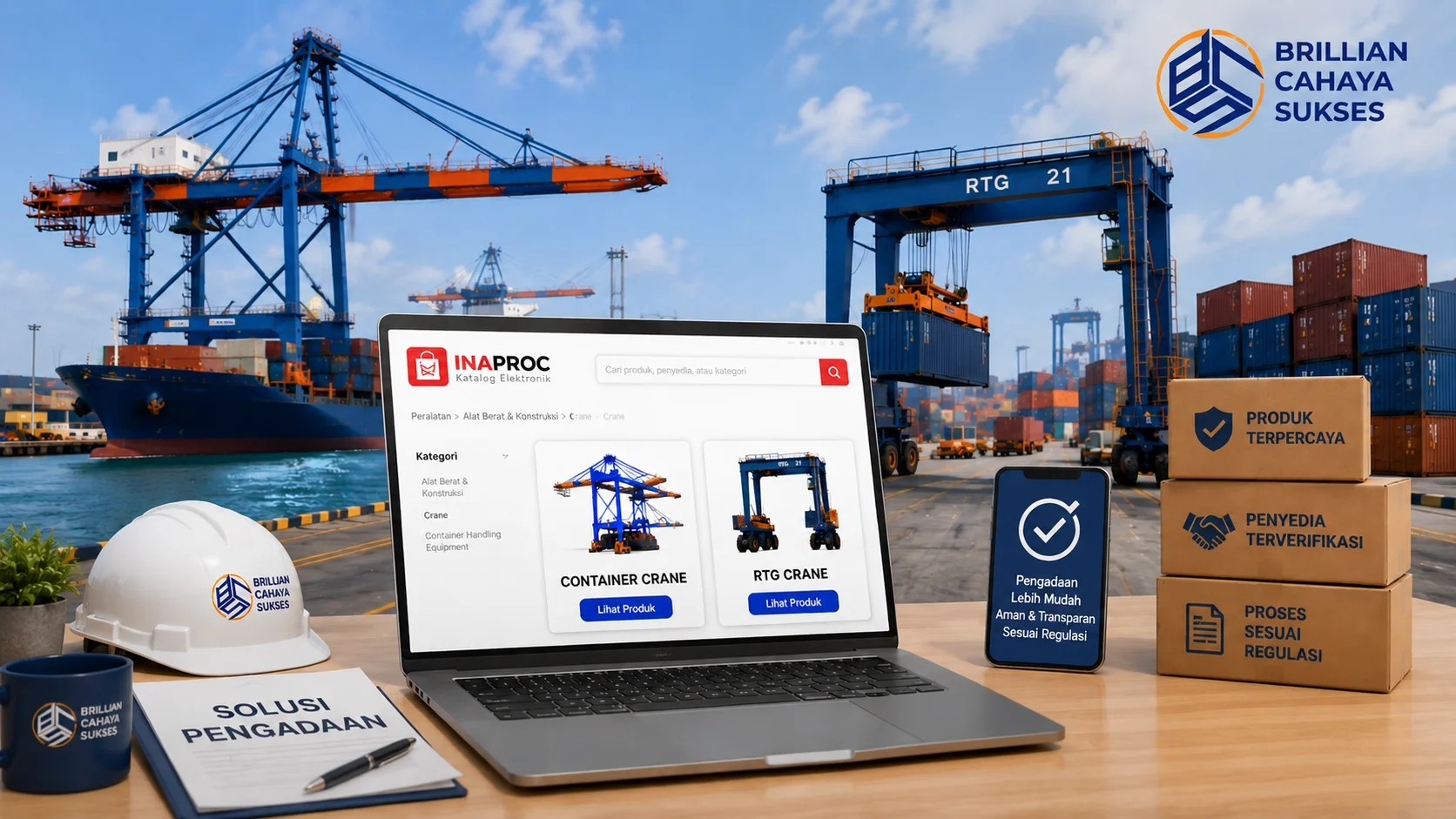 Ilustrasi proses pengadaan Container Crane dan RTG Crane melalui platform digital untuk mendukung operasional terminal peti kemas yang efisien dan modern.