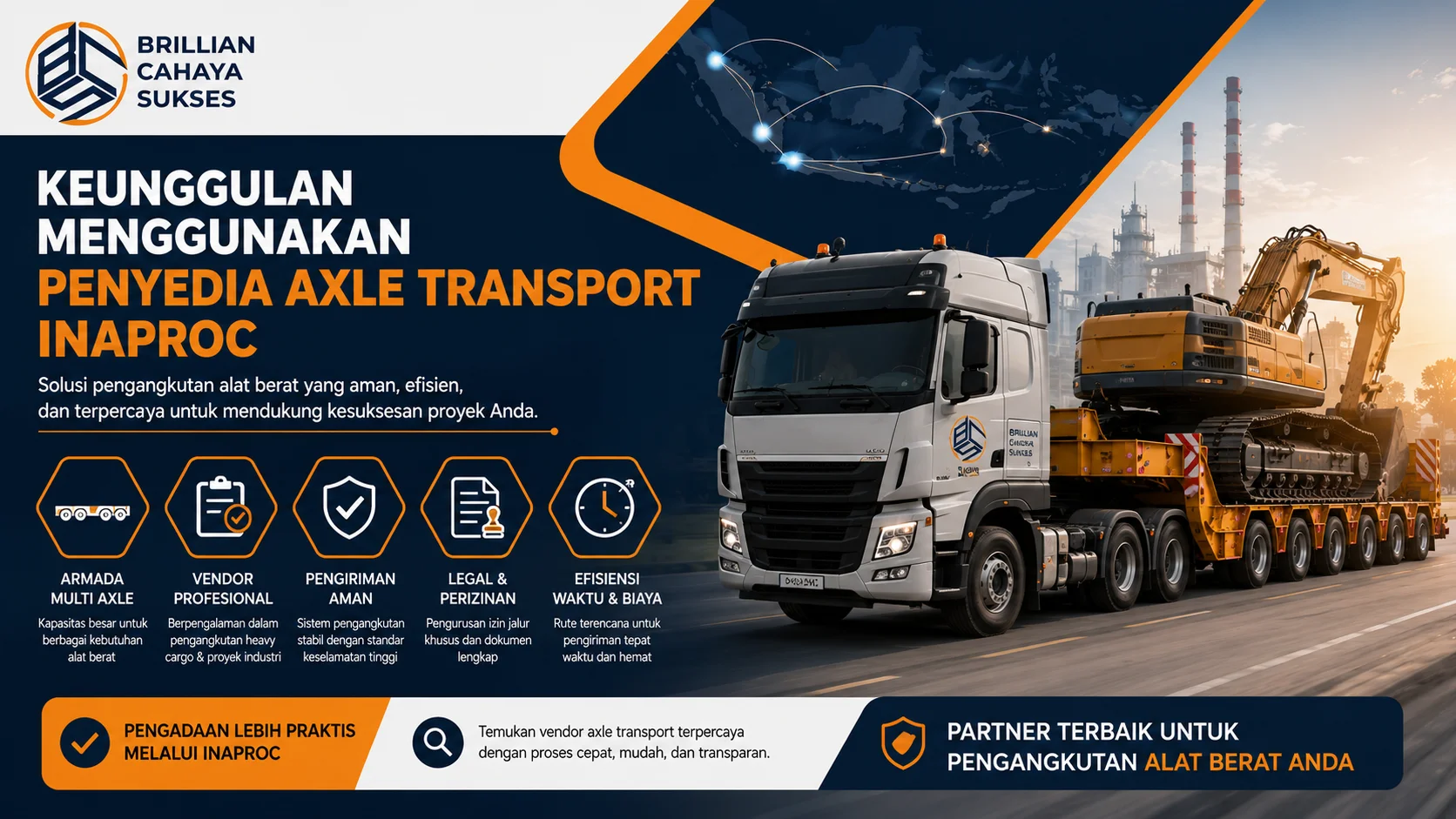 Truk multi axle mengangkut excavator untuk proyek industri dengan visual keunggulan layanan transportasi alat berat yang aman, legal, dan efisien.