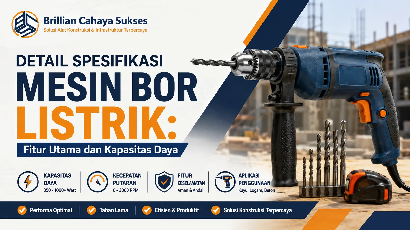 Ilustrasi gambar detail spesifikasi mesin bor listrik dengan fitur utama dan kapasitas daya