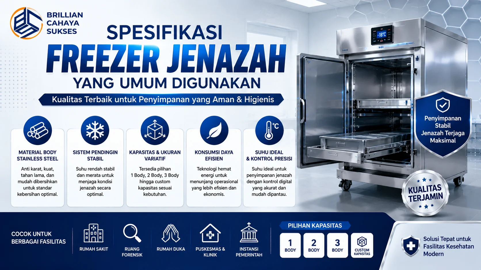 Banner spesifikasi freezer jenazah dengan material stainless steel, sistem pendingin stabil, dan pilihan kapasitas untuk fasilitas kesehatan.