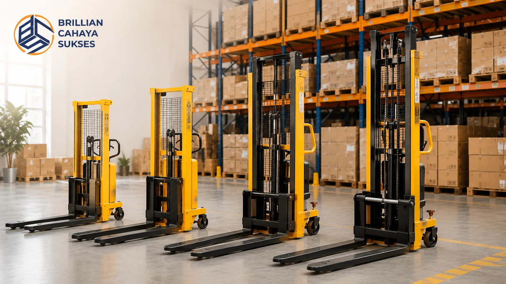 Beragam produk stacker manual dengan kapasitas berbeda ditampilkan di area gudang modern untuk mendukung kebutuhan pergudangan dan logistik melalui penyedia resmi INAPROC.