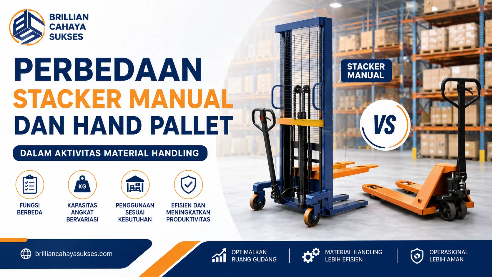 Ilustrasi gambar perbedaan stacker manual dan hand pallet dalam aktivitas material handling di gudang untuk pengangkatan dan pemindahan pallet