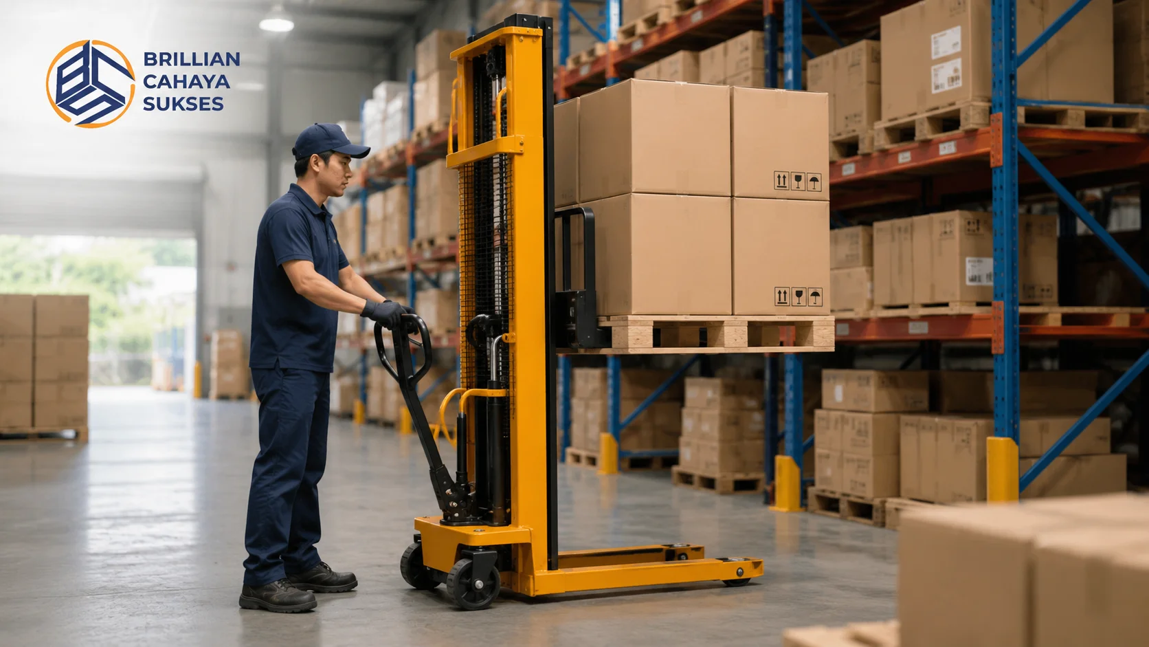 Operator mengoperasikan stacker manual hidrolik untuk mengangkat pallet di dalam gudang modern sebagai ilustrasi cara kerja stacker manual.