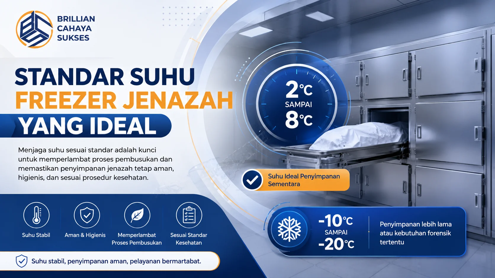 Freezer jenazah stainless dengan indikator suhu ideal 2°C–8°C untuk penyimpanan sementara dan -10°C hingga -20°C untuk penyimpanan jangka panjang sesuai standar fasilitas kesehatan.
