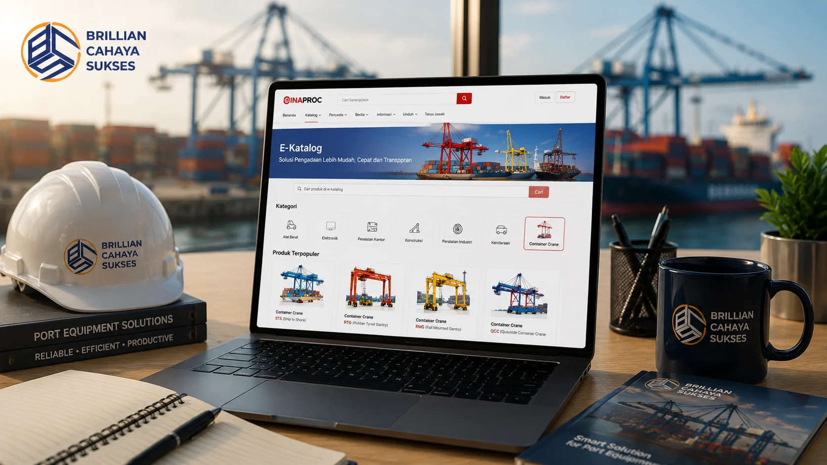 Tampilan E-Katalog INAPROC pada laptop dengan latar pelabuhan peti kemas dan container crane sebagai ilustrasi pencarian produk untuk kebutuhan pengadaan.