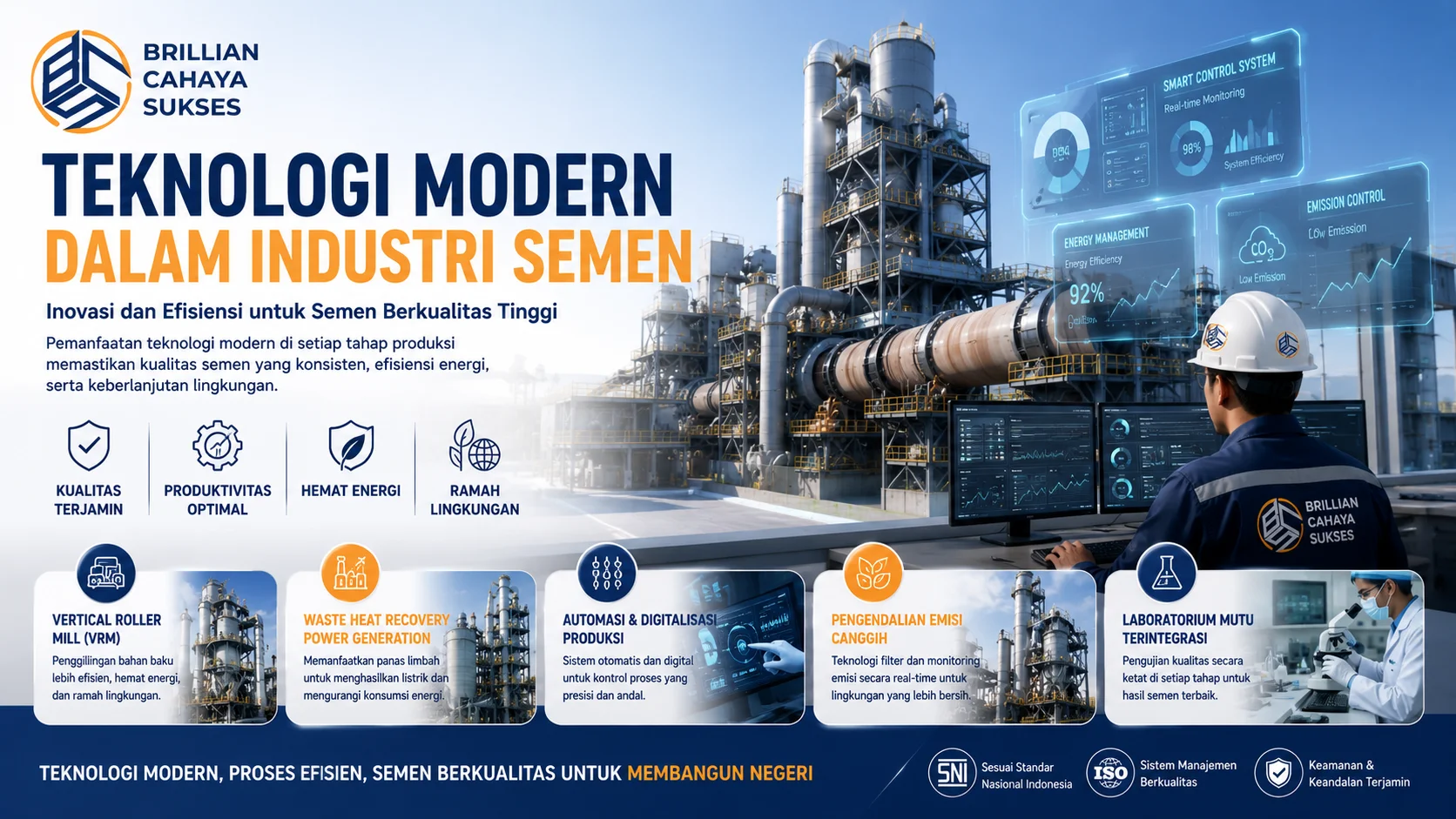 Ilustrasi teknologi modern dalam industri semen yang menampilkan pabrik semen otomatis, sistem kontrol digital, pemantauan produksi real-time, dan laboratorium mutu untuk mendukung efisiensi serta kualitas produksi.
