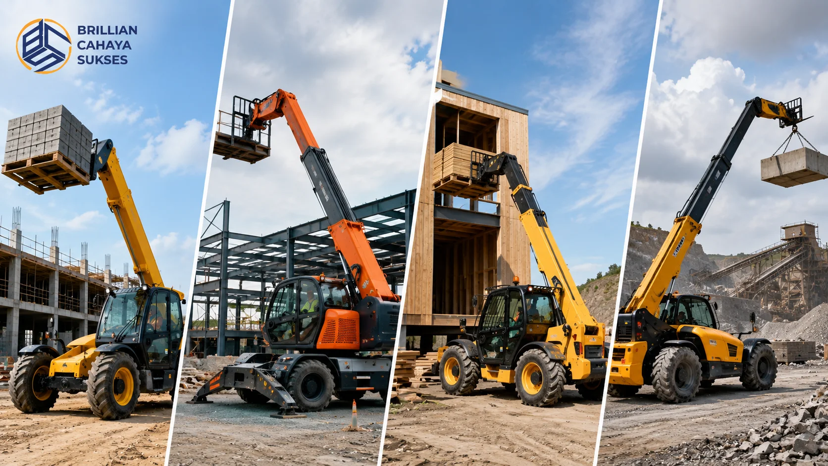 Beragam jenis telehandler digunakan untuk mengangkat material di proyek konstruksi, pergudangan, dan industri sesuai kebutuhan operasional.