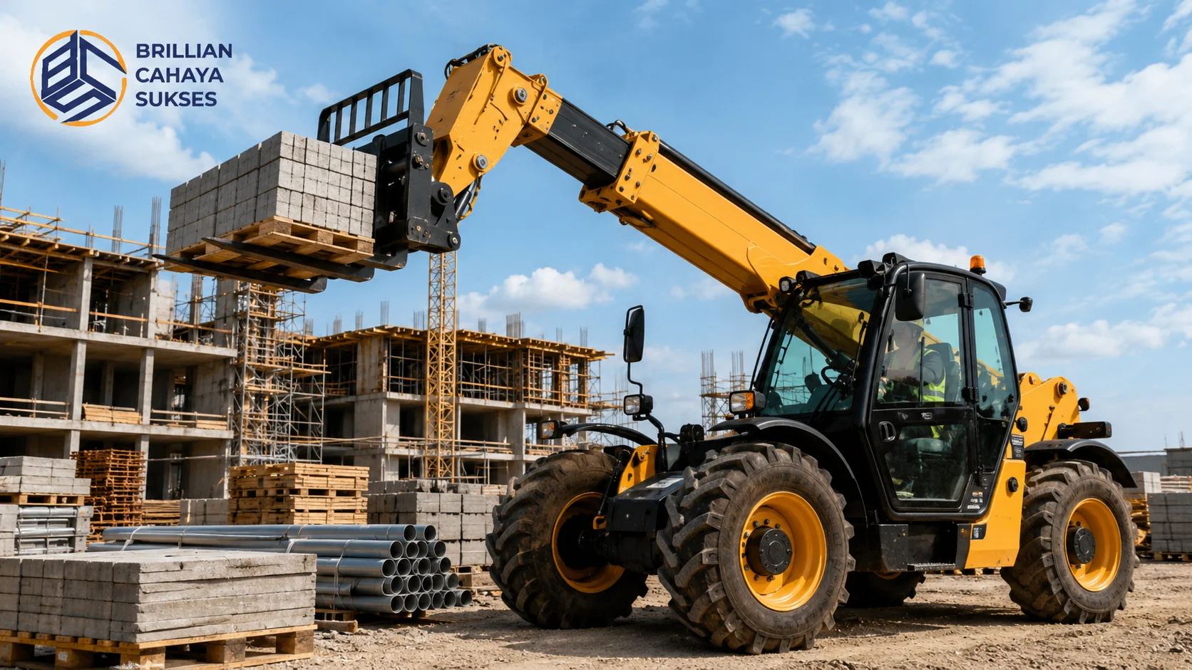 Telehandler mengangkat material bangunan di area proyek konstruksi untuk mendukung proses pemindahan dan penempatan beban secara efisien.