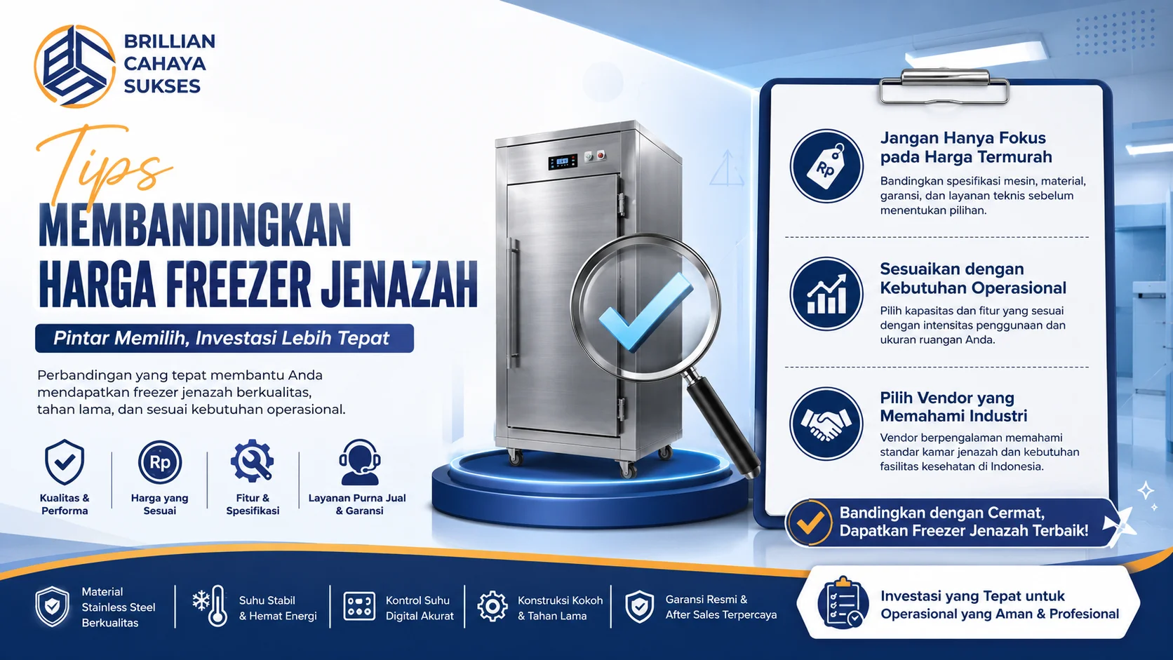 Banner tips membandingkan harga freezer jenazah dengan ilustrasi freezer stainless steel dan panduan memilih spesifikasi, kualitas, serta vendor yang tepat.
