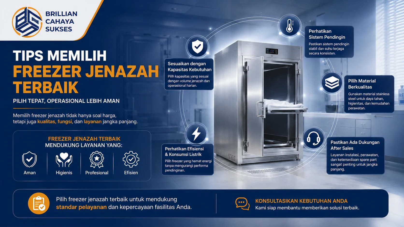 Ilustrasi freezer jenazah stainless steel dengan poin penting dalam memilih freezer jenazah terbaik untuk rumah sakit, klinik, dan fasilitas pemulasaraan.